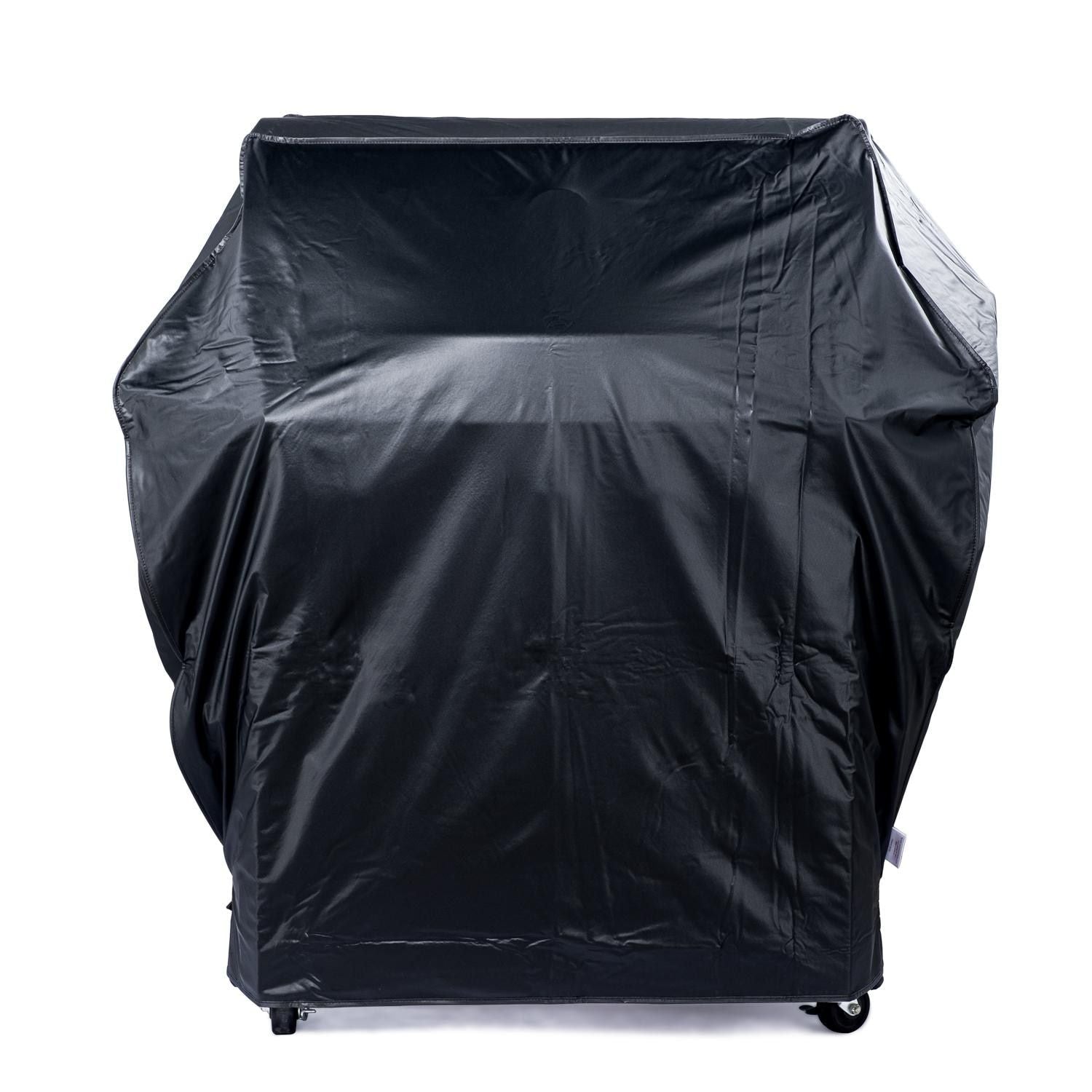 Black 44-inch grill cover with fitted top, elastic hem, and side panels