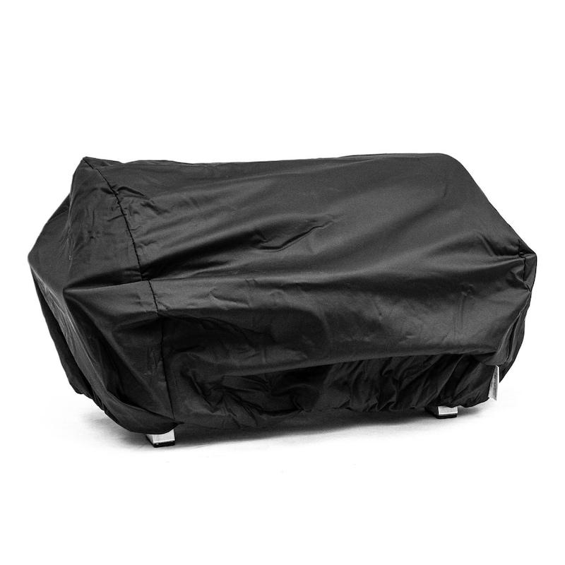 Black portable grill cover with fitted wrap and fastening straps