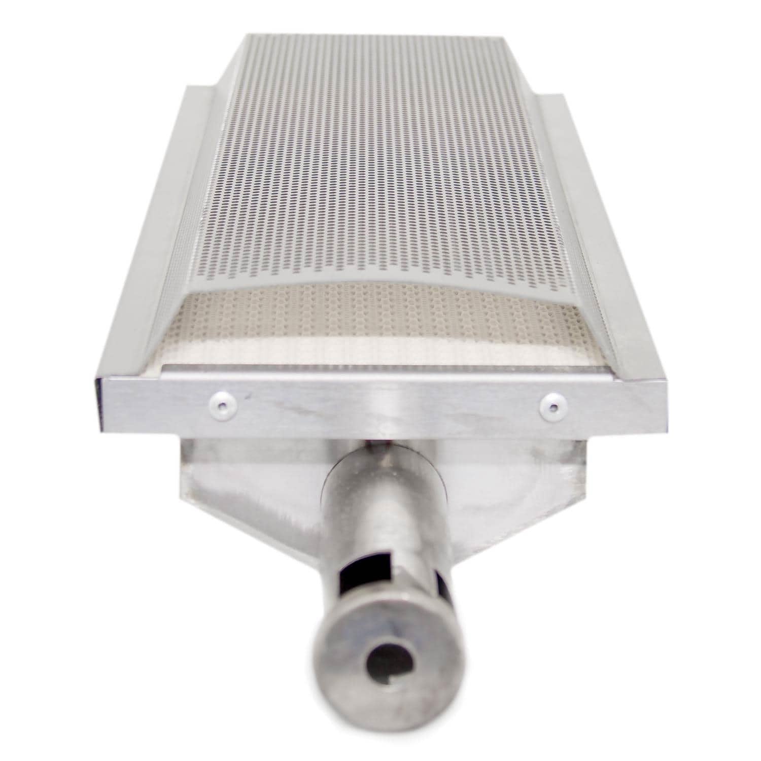 Stainless infrared searing burner head with perforated mesh and outlet tube