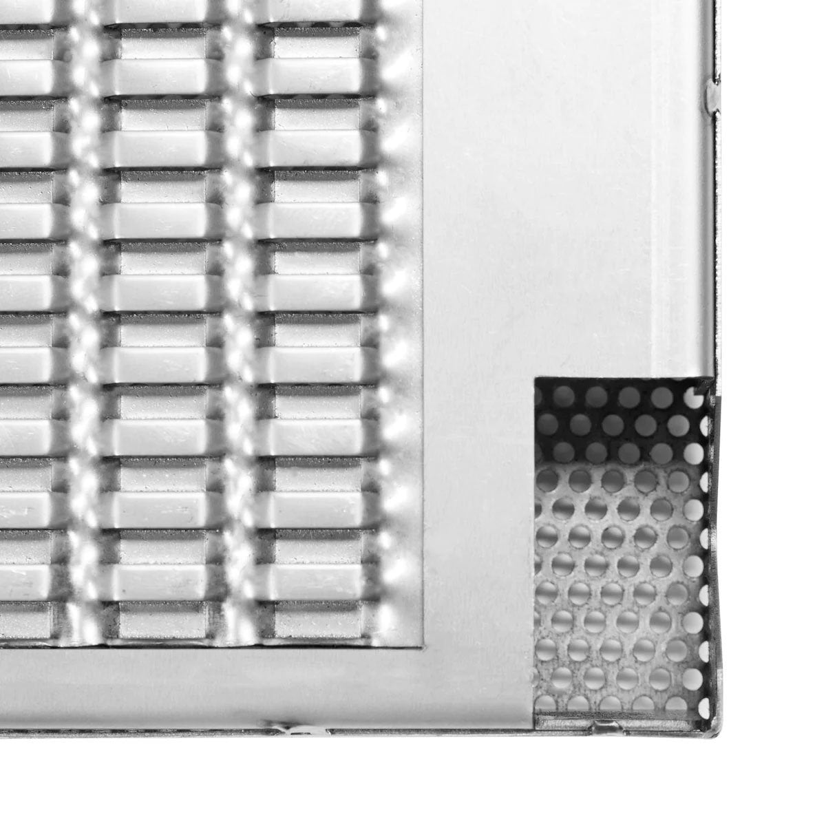 Perforated stainless flame tamer panel with circular holes, mounted in a rectangular frame