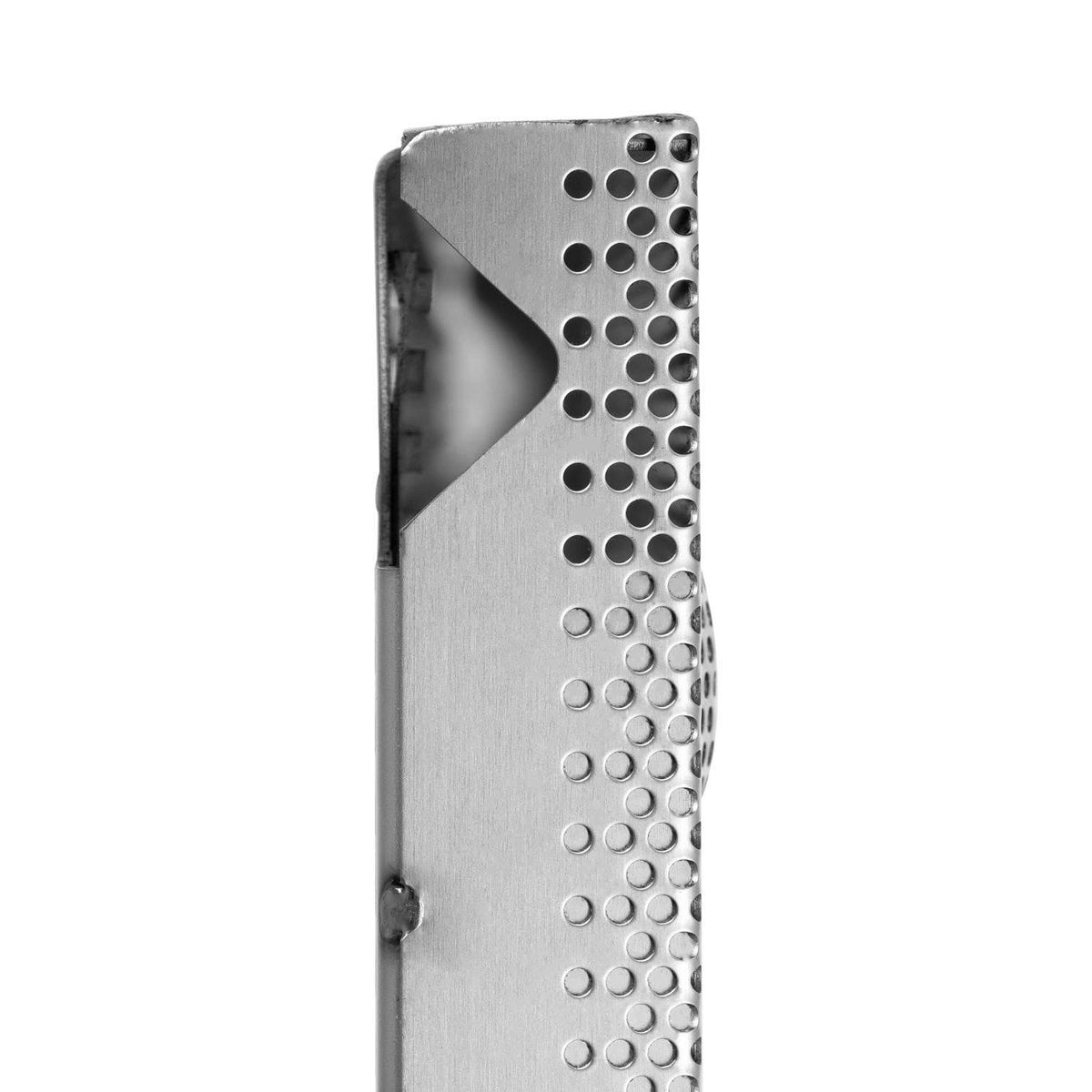 Stainless steel flame tamer end piece with multiple circular perforations and angled section