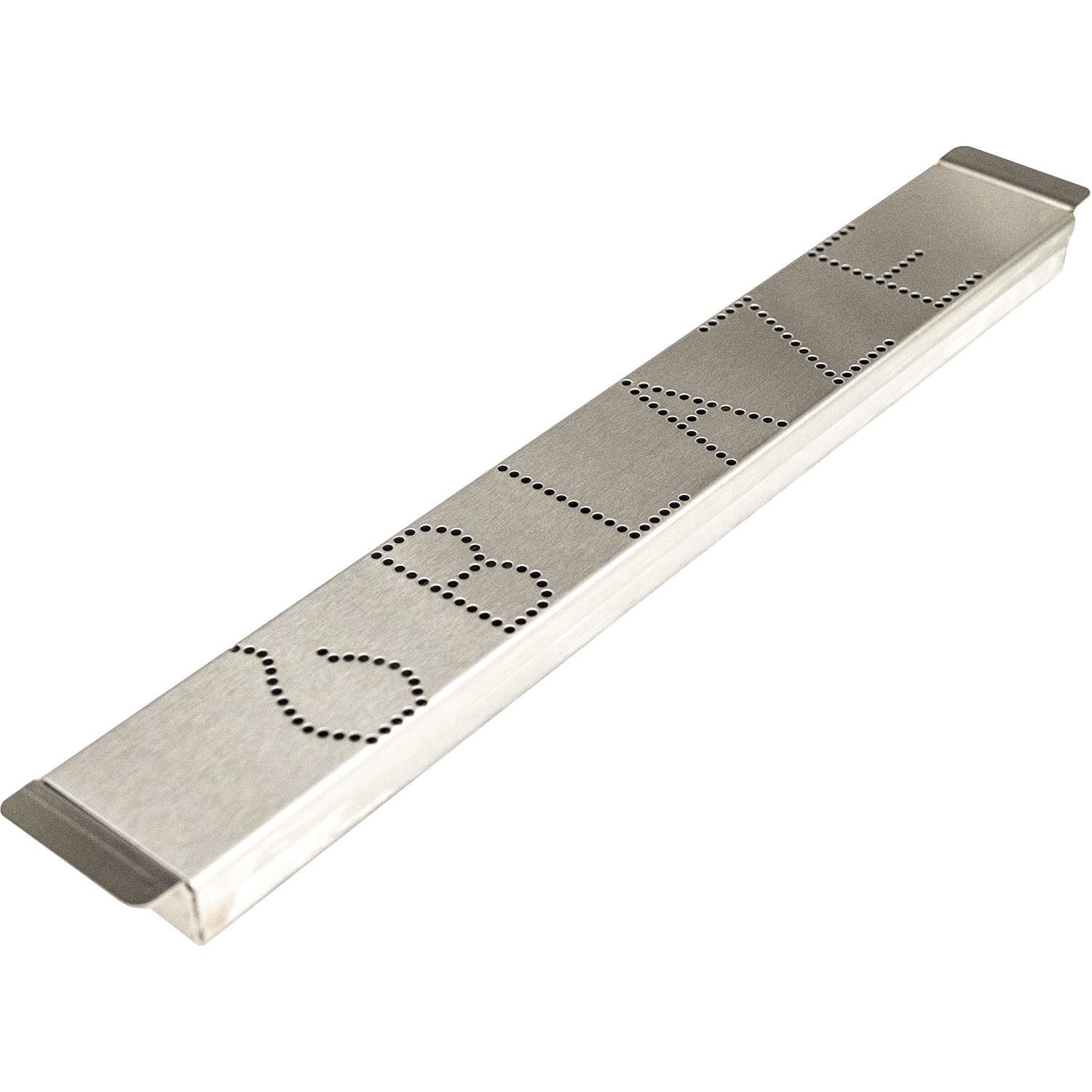 Portable stainless smoker tray with perforated, dotted insert along the length