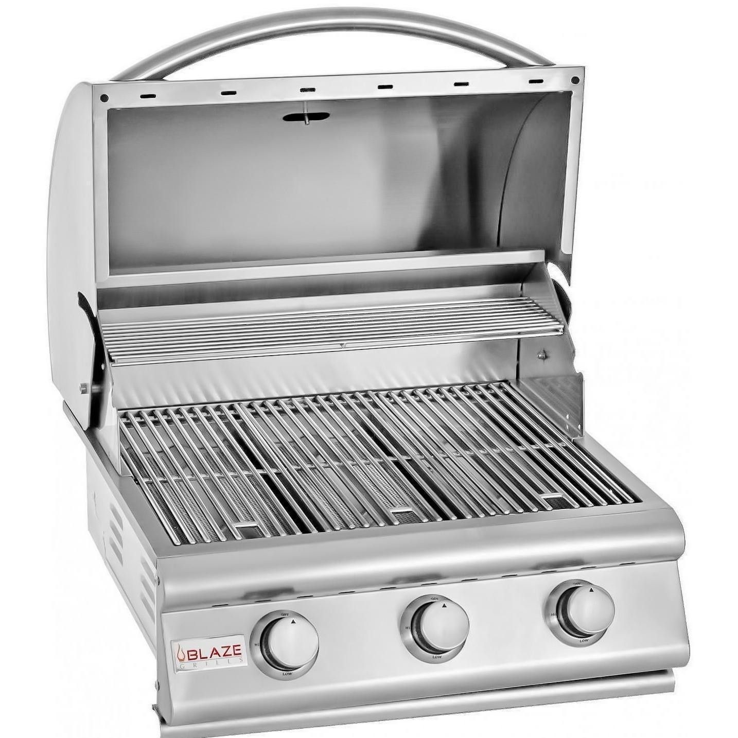 Open stainless steel 3-burner built-in LP grill with grates, lid, and three knobs