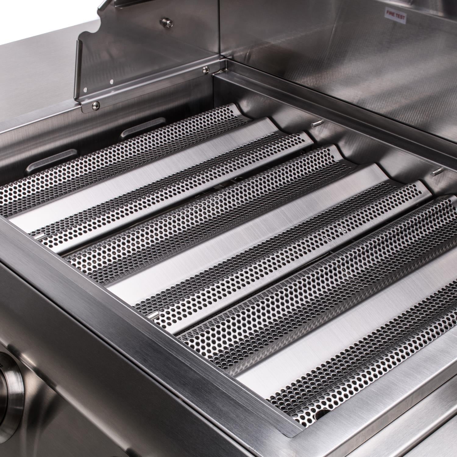 Freestanding gas grill firebox with perforated stainless flame trays and heat shield