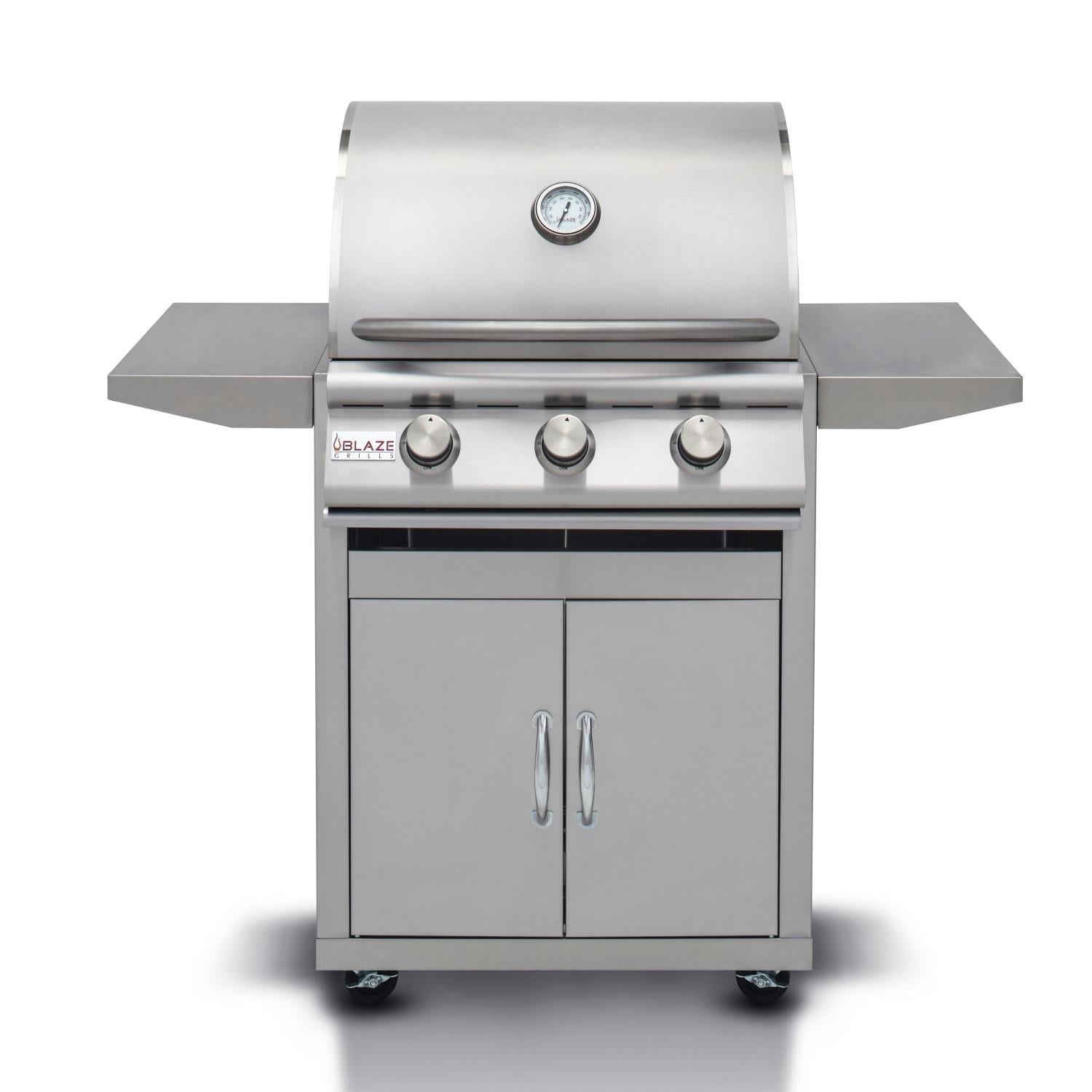 Freestanding stainless steel 3-burner grill with control knobs and cabinet doors