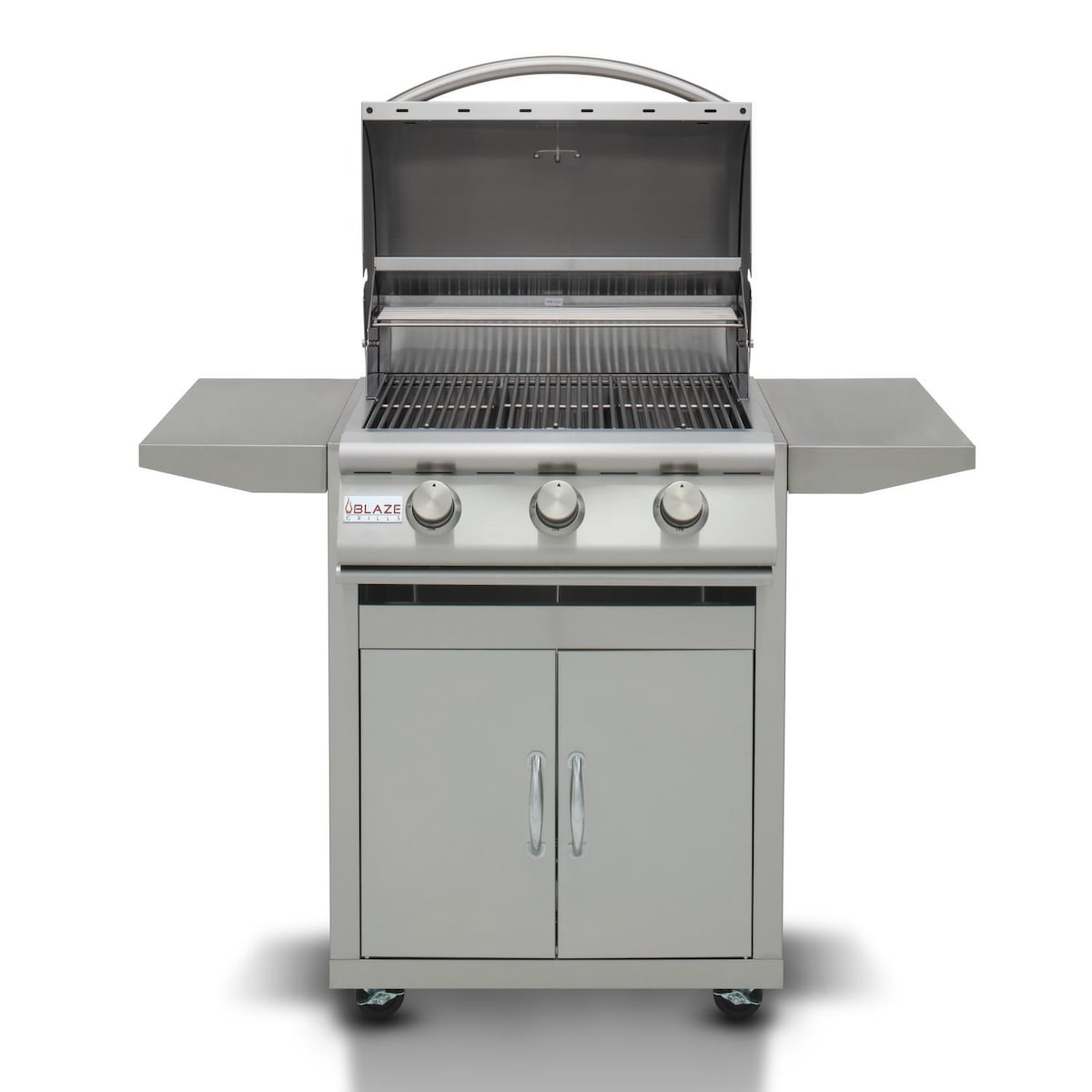 Stainless steel 3-burner propane grill with lid open and three control knobs
