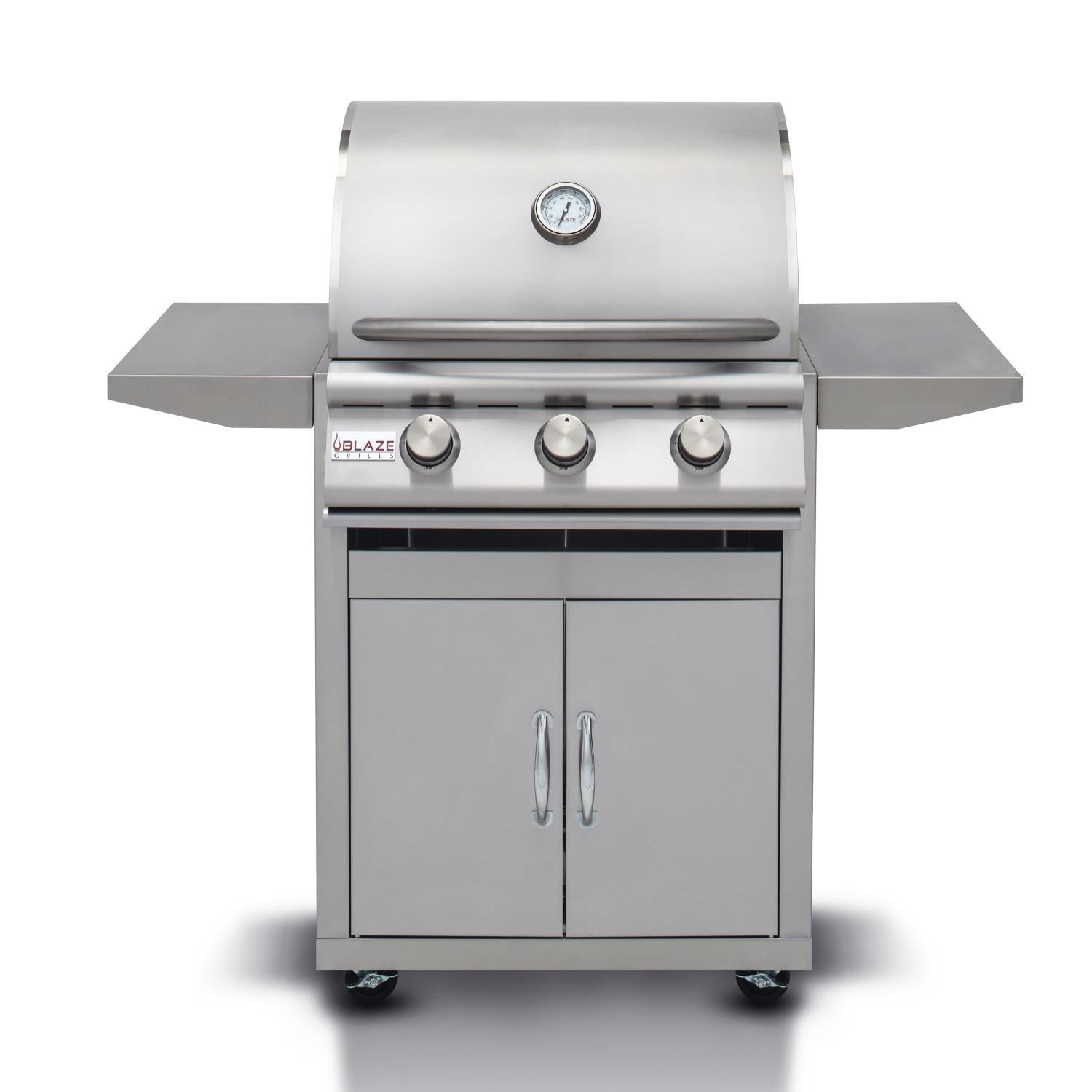 3-burner freestanding propane gas grill with closed lid, side shelves, and cabinet doors