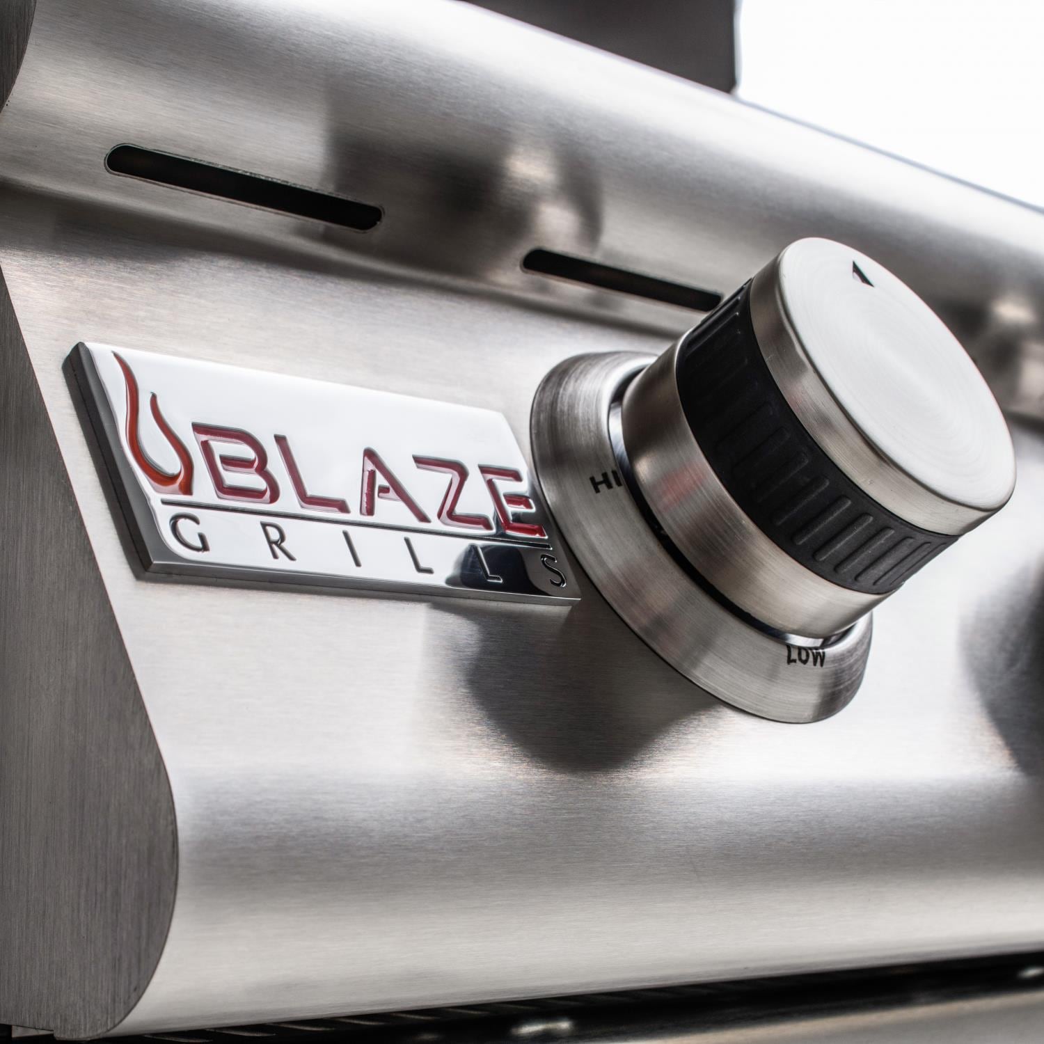 3-burner freestanding propane gas grill control knob with Blaze Grill logo and HIGH/LOW marks