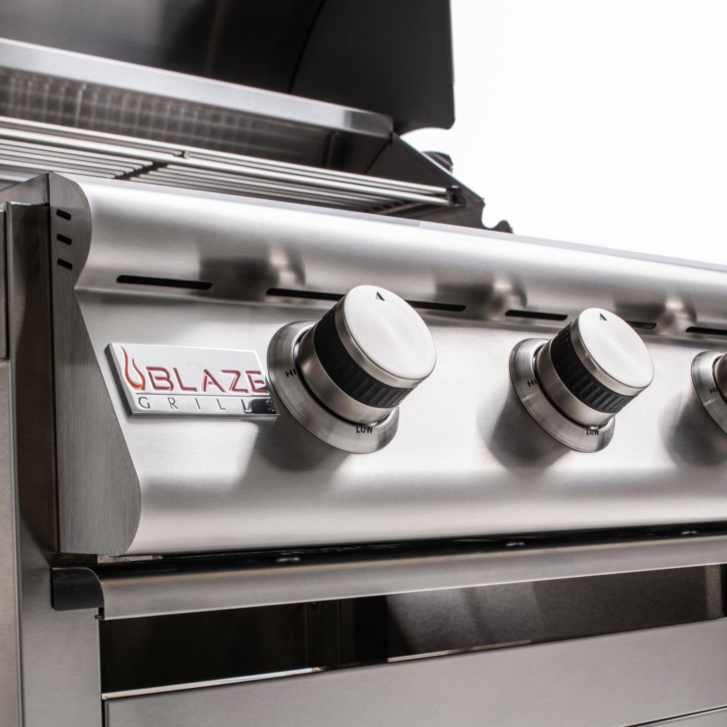 3-burner freestanding propane gas grill front control knobs with Blaze Grill logo