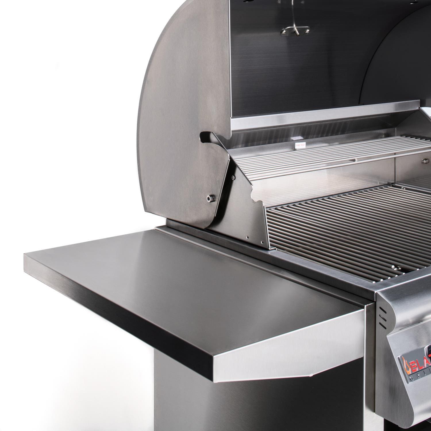 3-burner freestanding propane gas grill open lid with side shelf and stainless cooking grate