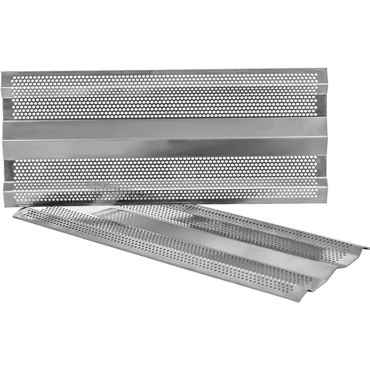 Stainless grill burner heat shields with perforated panels and inner tray