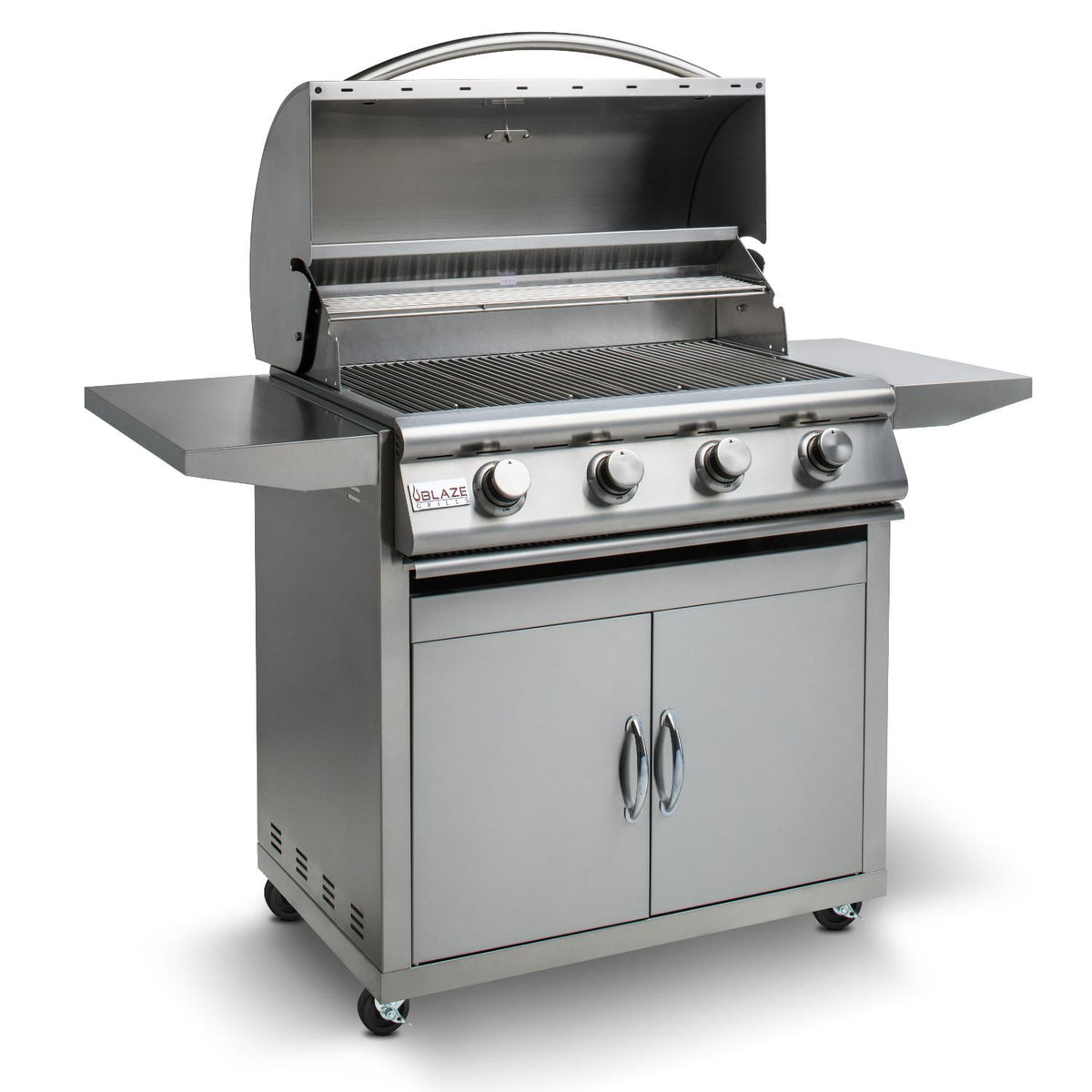 Blaze Prelude 32-inch freestanding liquid propane gas grill with open lid, grates, and side shelf