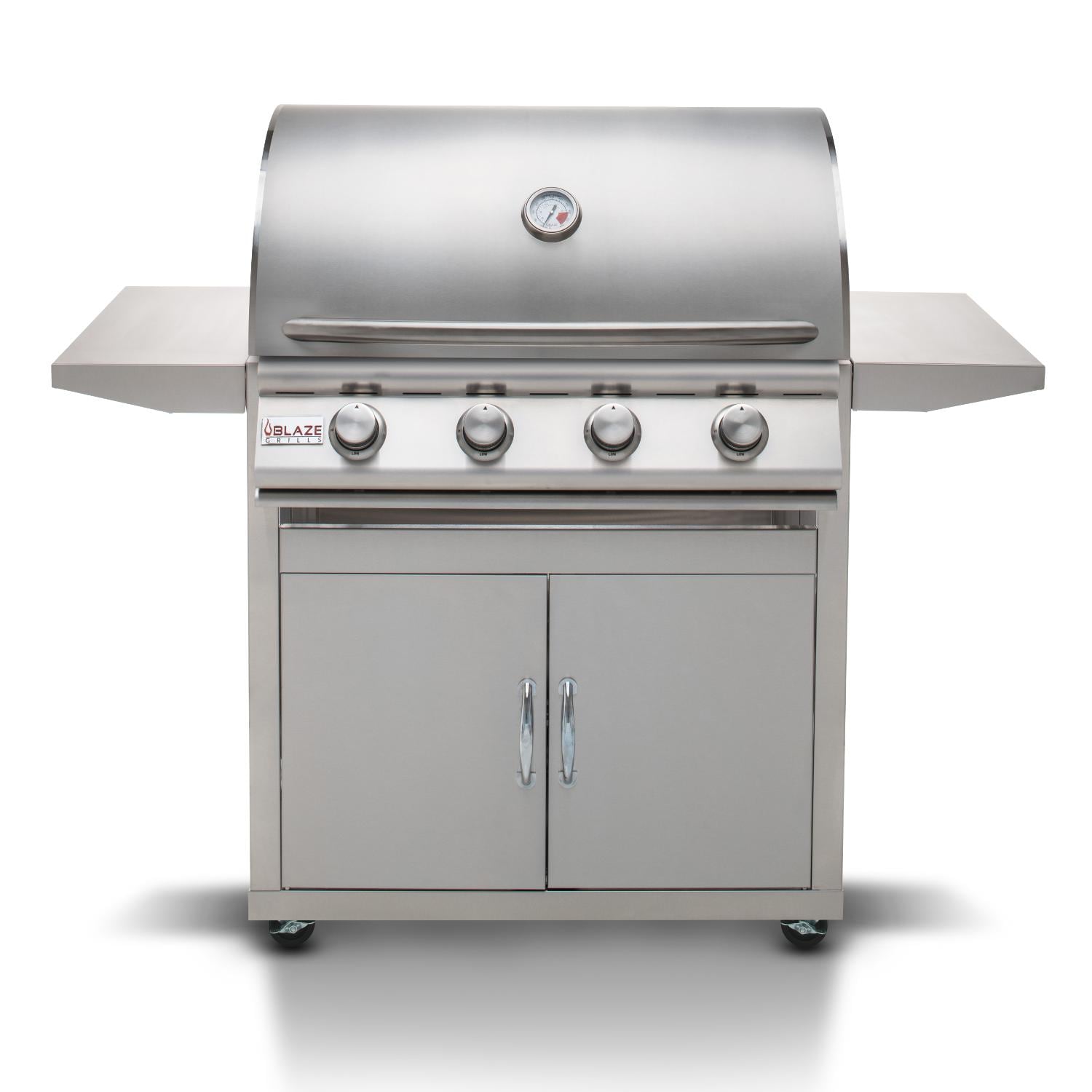Front view of stainless steel propane gas grill with burners and double doors