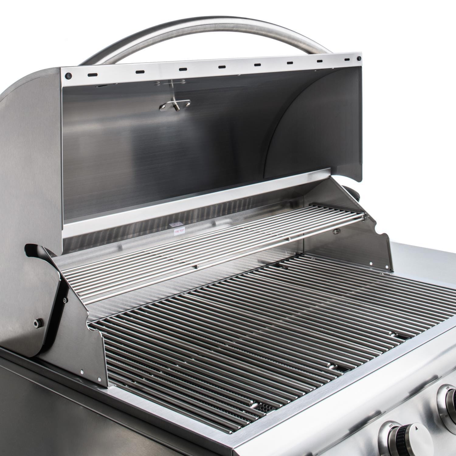 Blaze Prelude freestanding gas grill with open lid and stainless steel cooking grates