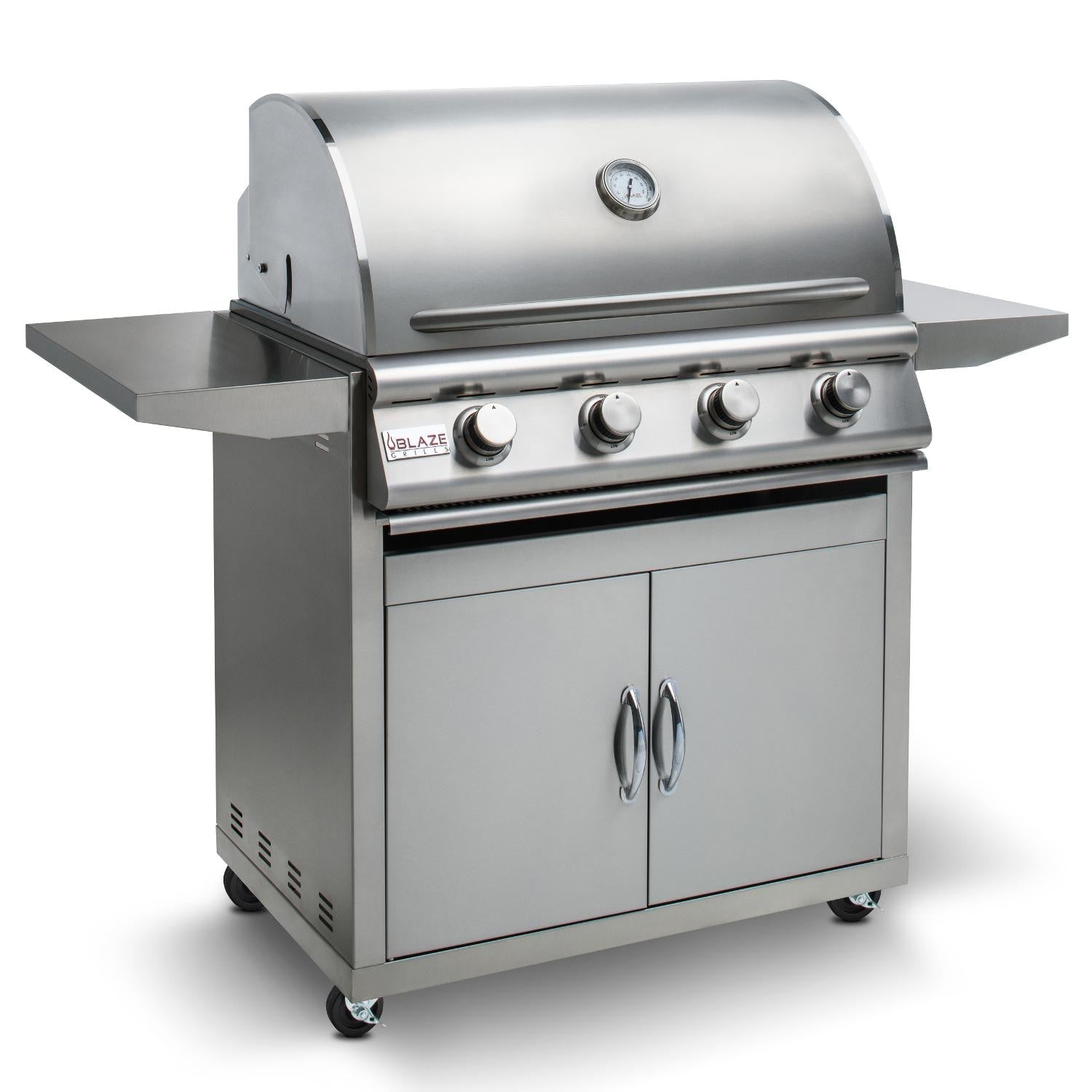 Stainless steel freestanding gas grill front view with control knobs and side shelf.