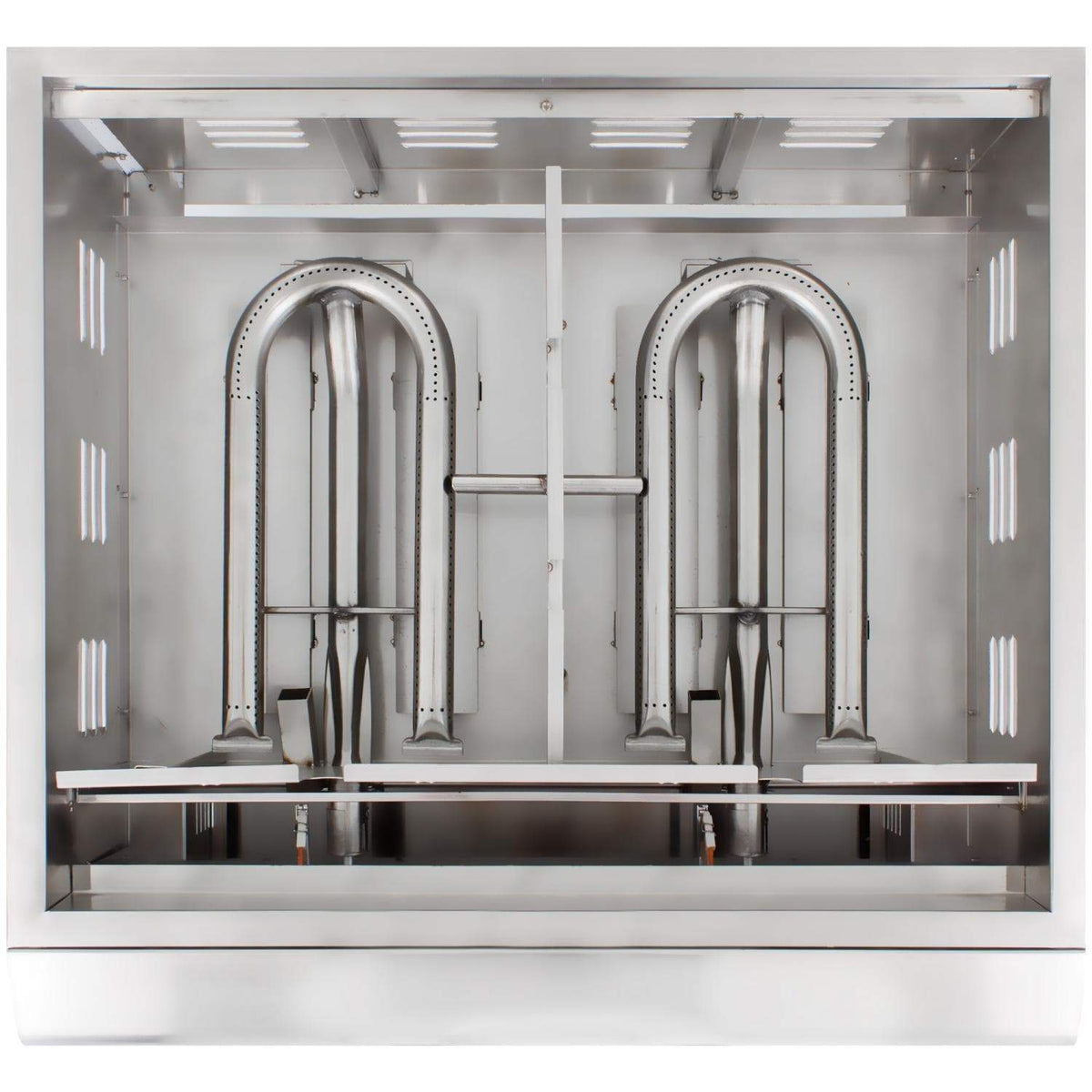 Stainless steel built-in 5-burner grill with open firebox and two curved burner covers