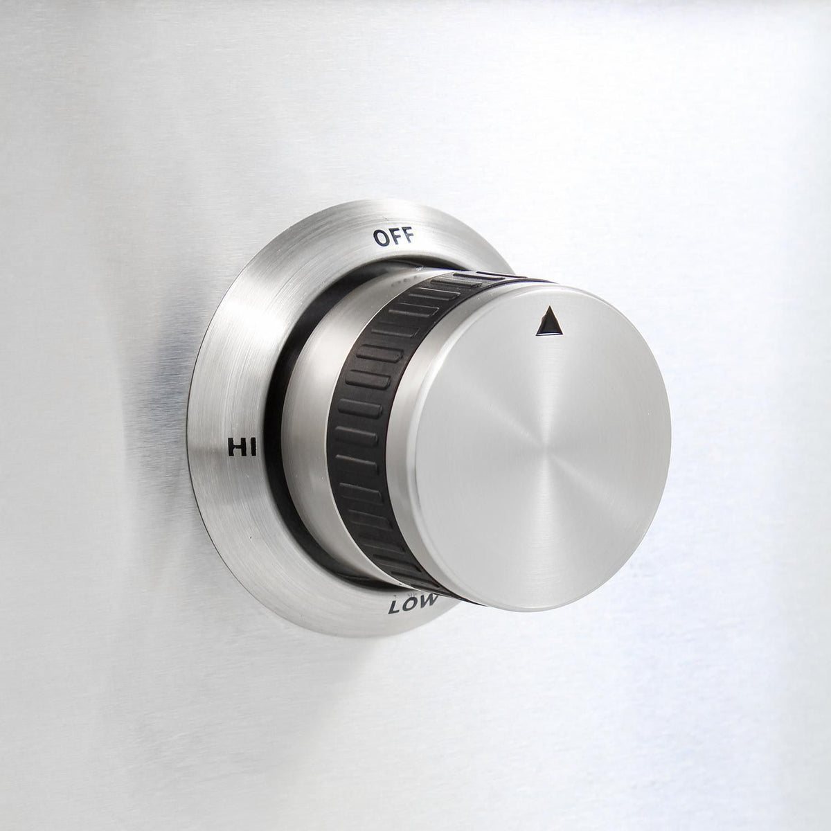 Stainless steel burner control knob with HI, LOW, and OFF settings
