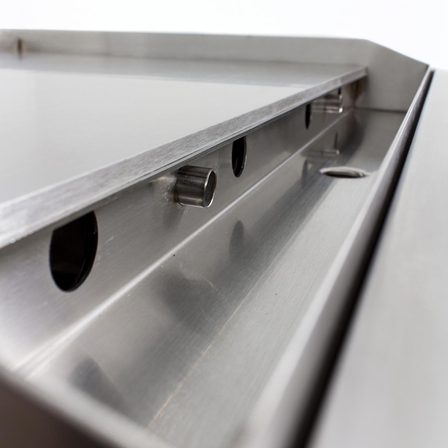 30-inch natural gas griddle grease tray with round cutouts, stainless steel