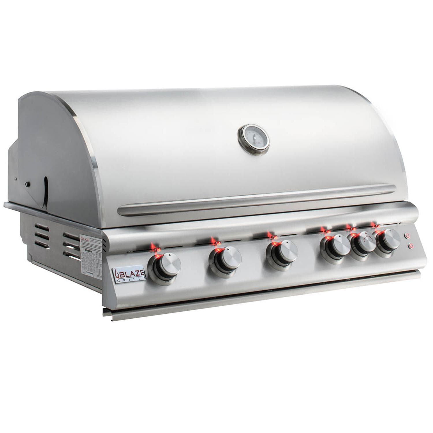 Stainless steel gas grill with closed lid, side panel, and front burner control knobs