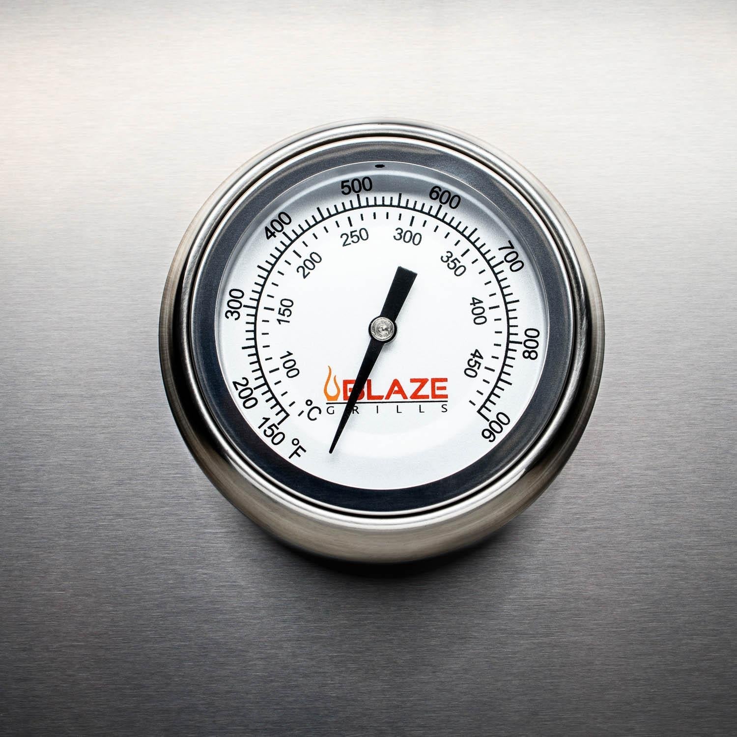 Stainless steel grill thermometer gauge with Blaze Grills logo