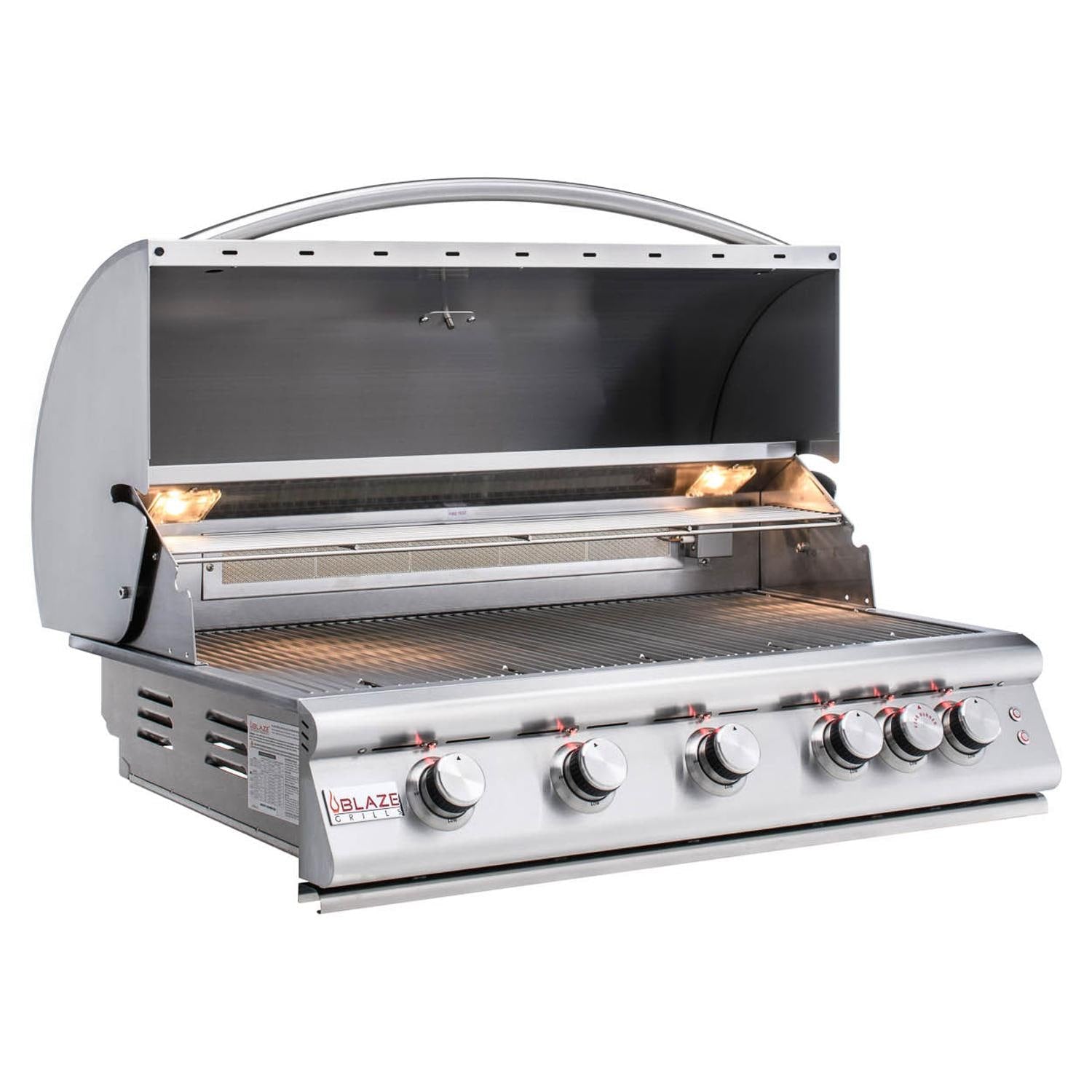 Stainless steel built-in propane grill with open lid and front control knobs