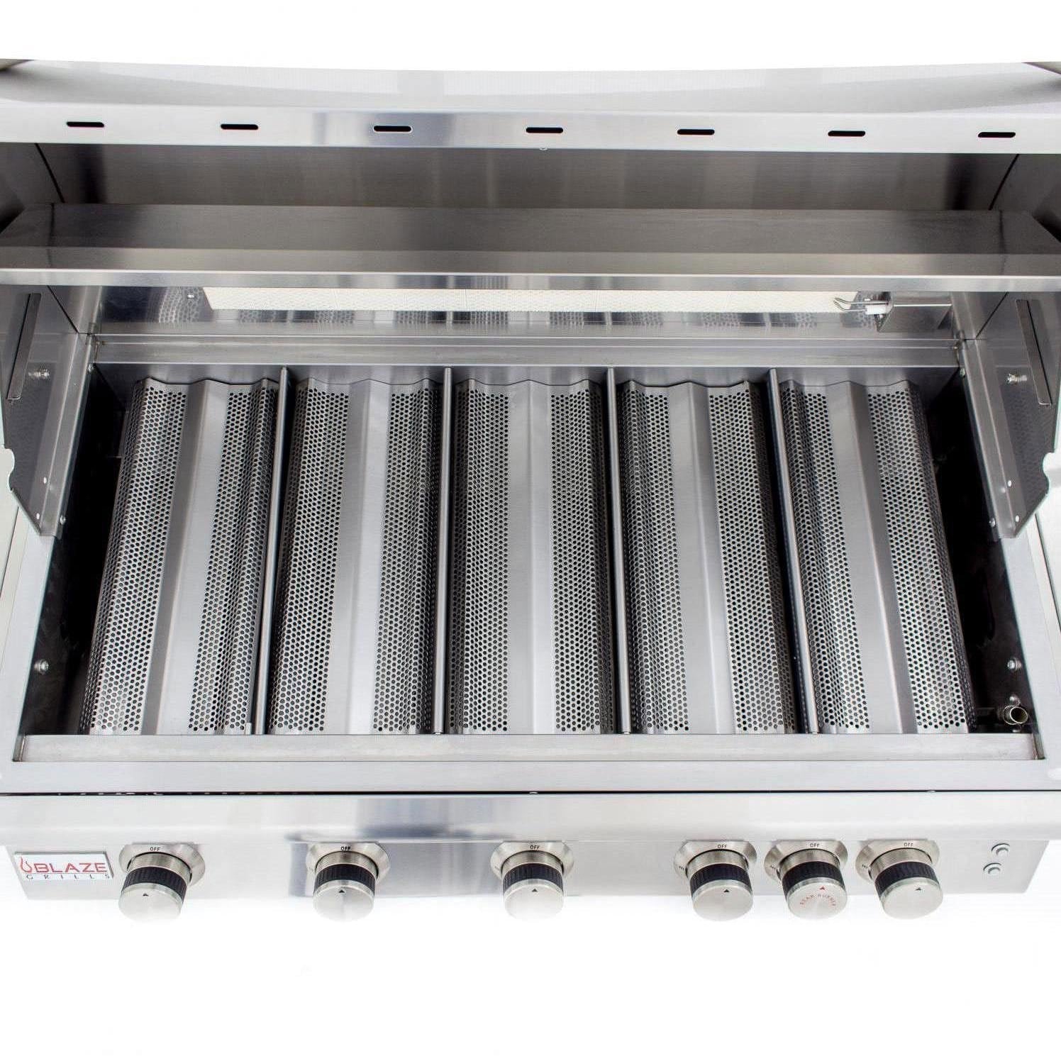 Open grill with infrared burner tubes and perforated heat reflectors