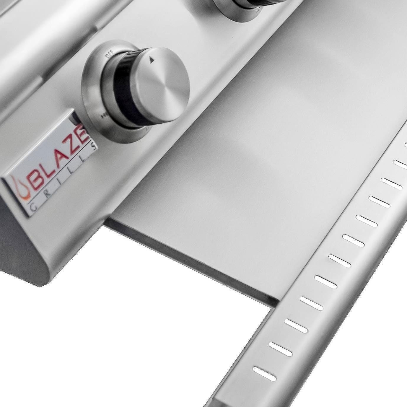 Stainless steel control knob with Blaze Grills logo and side drip tray rail