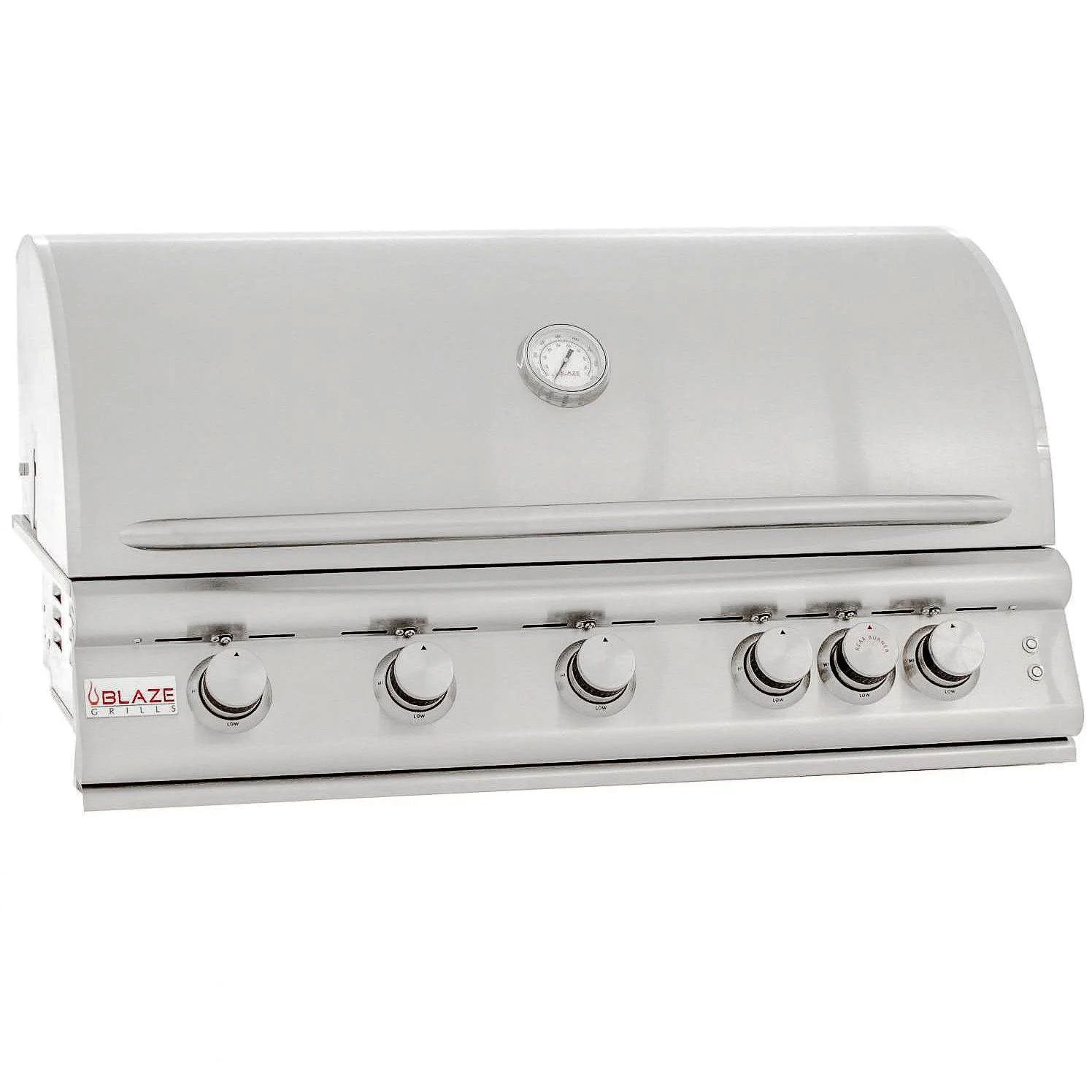 Stainless steel built-in natural gas grill with closed lid and six control knobs