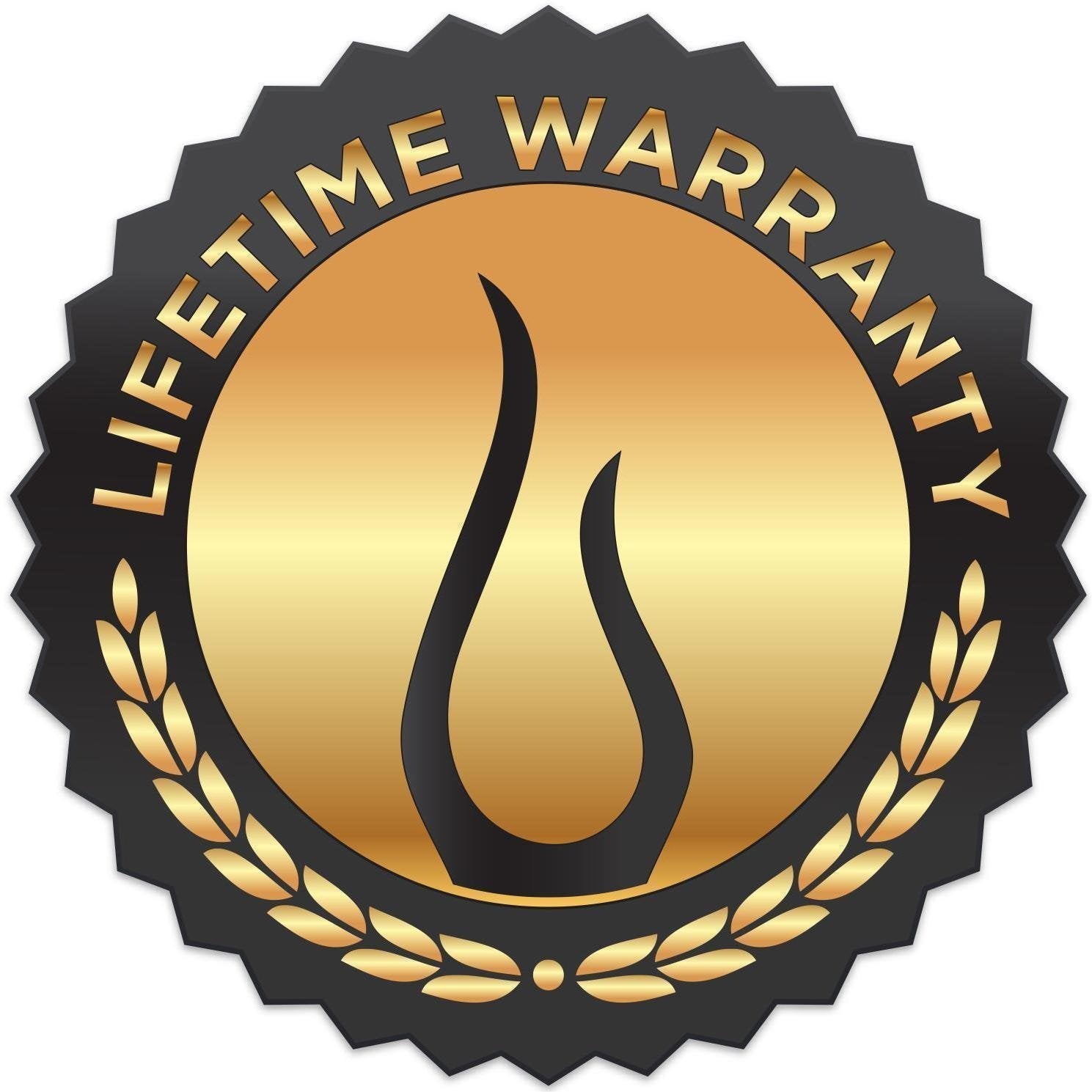 Limited-Time Warranty gold and black emblem badge with flame icon