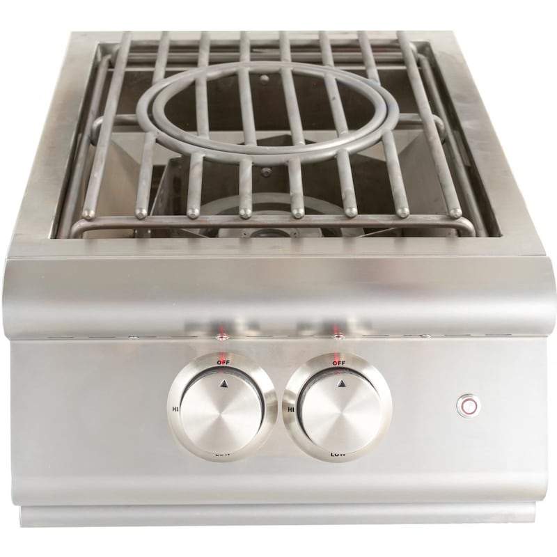 Stainless steel built-in burner with wok grate, control knobs, and internal burner view