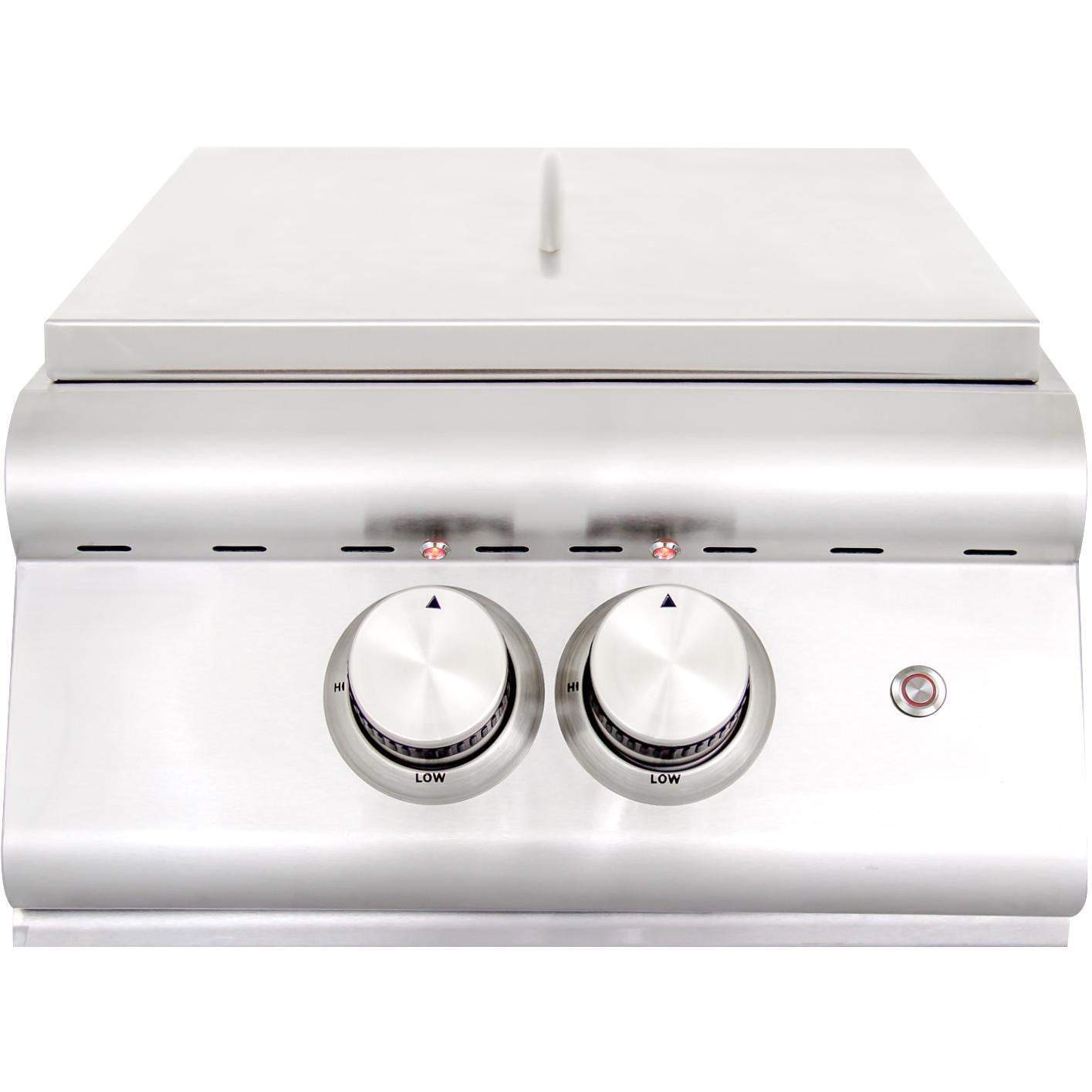 Stainless steel built-in burner front panel with two control knobs and lid