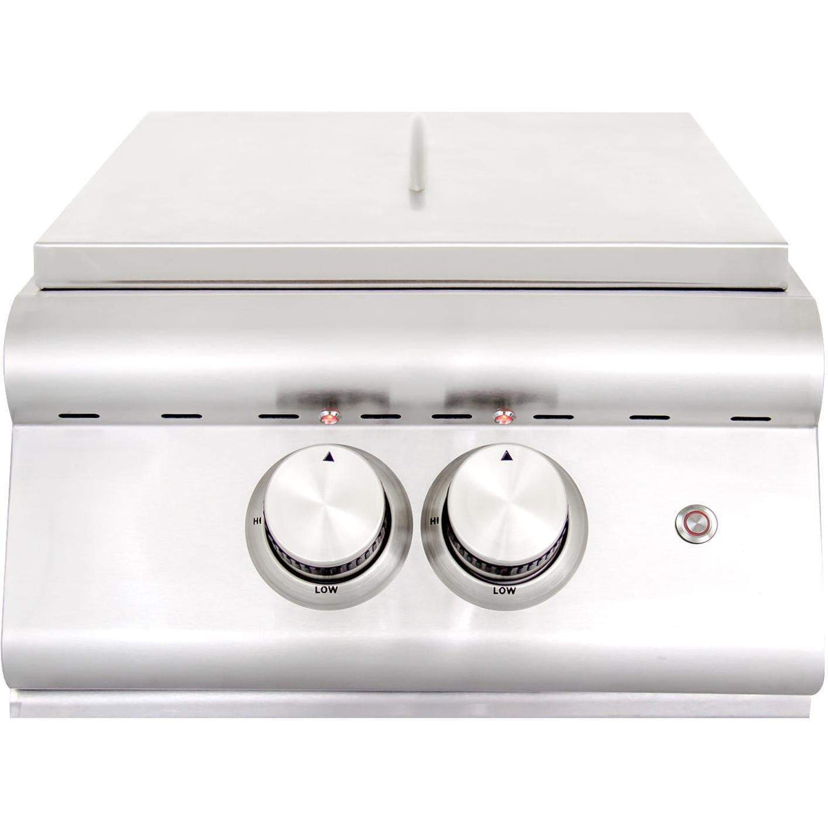 Stainless steel built-in grill front with two large control knobs and vent slots
