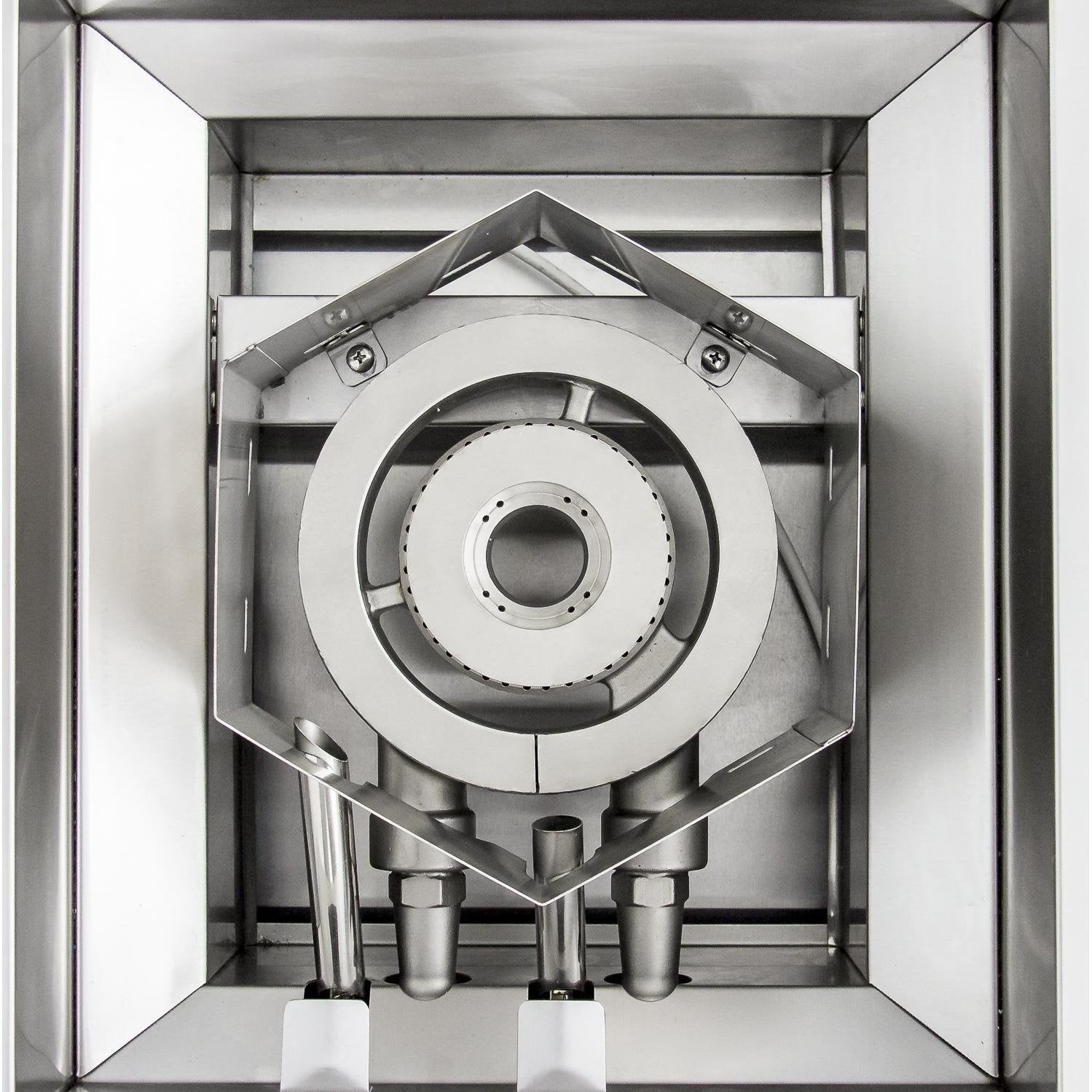 Open stainless grill burner chamber with circular gas burner and supports