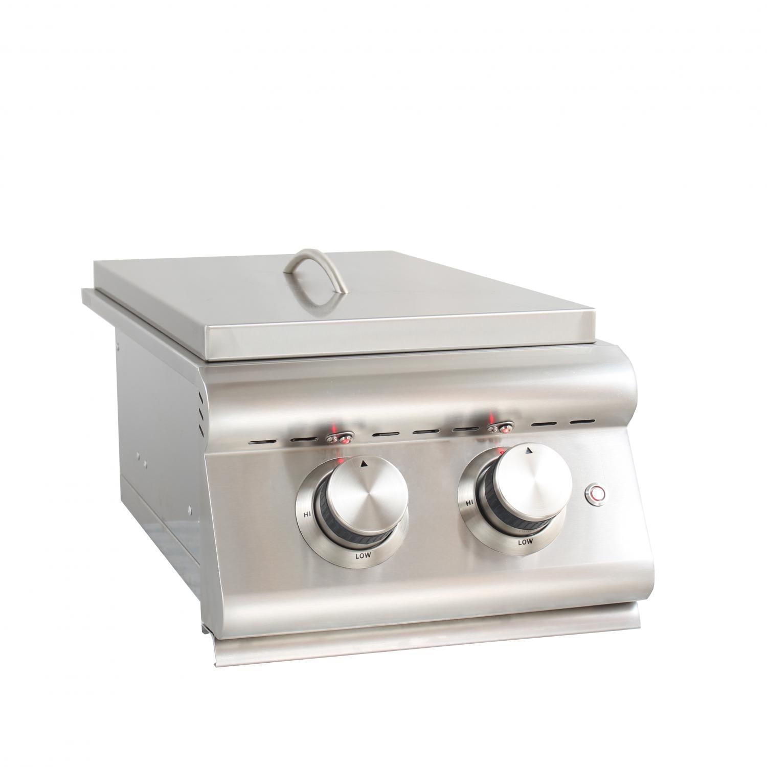 Stainless steel built-in gas grill with control knobs and front panel