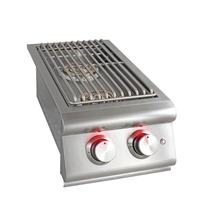 Stainless steel side burner head with cast grate and two front control knobs