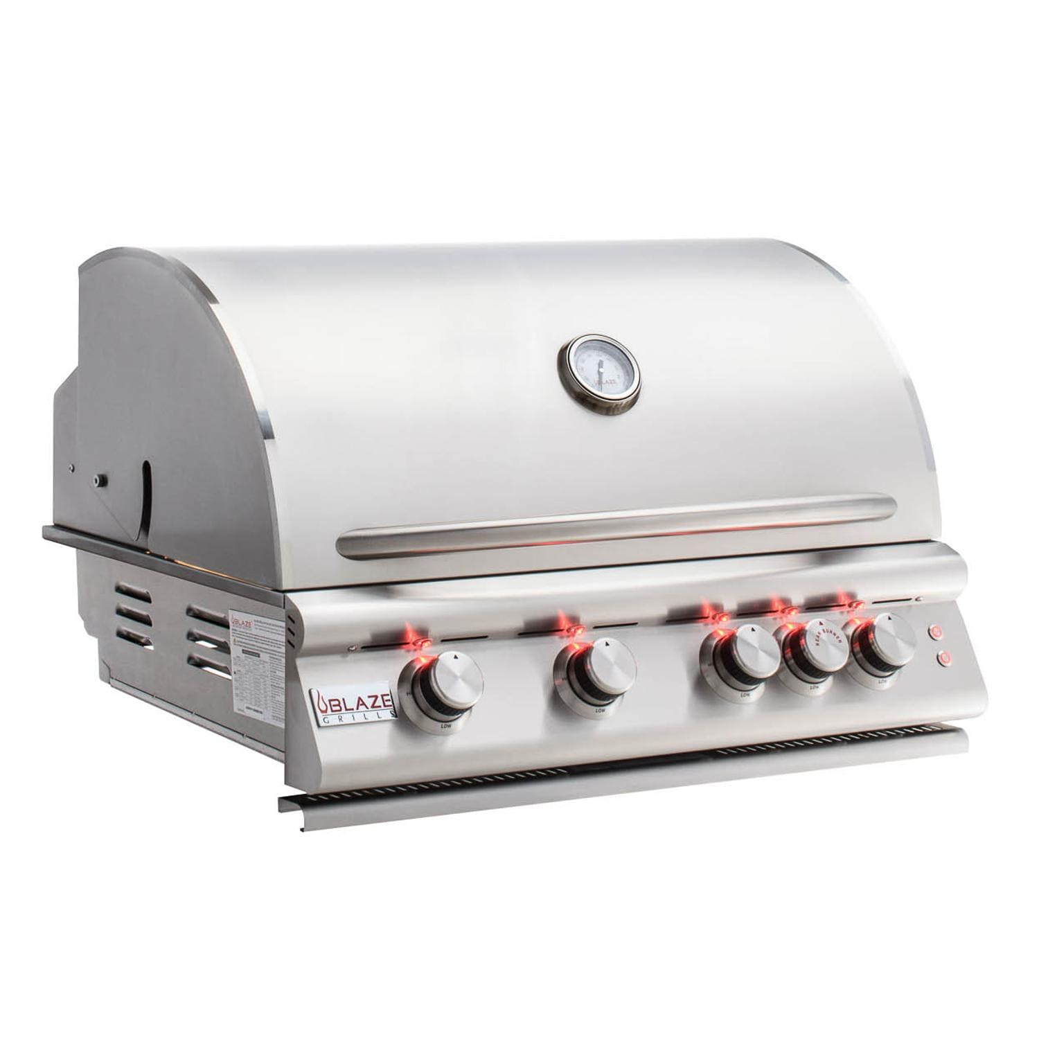 Stainless steel 4-burner propane grill with control knobs and hood-mounted thermometer