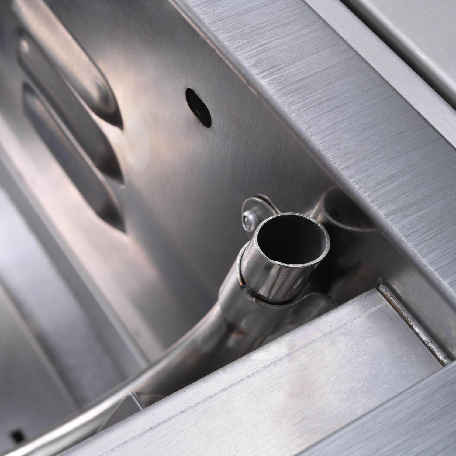 Stainless steel grill outlet area with capped hose connection
