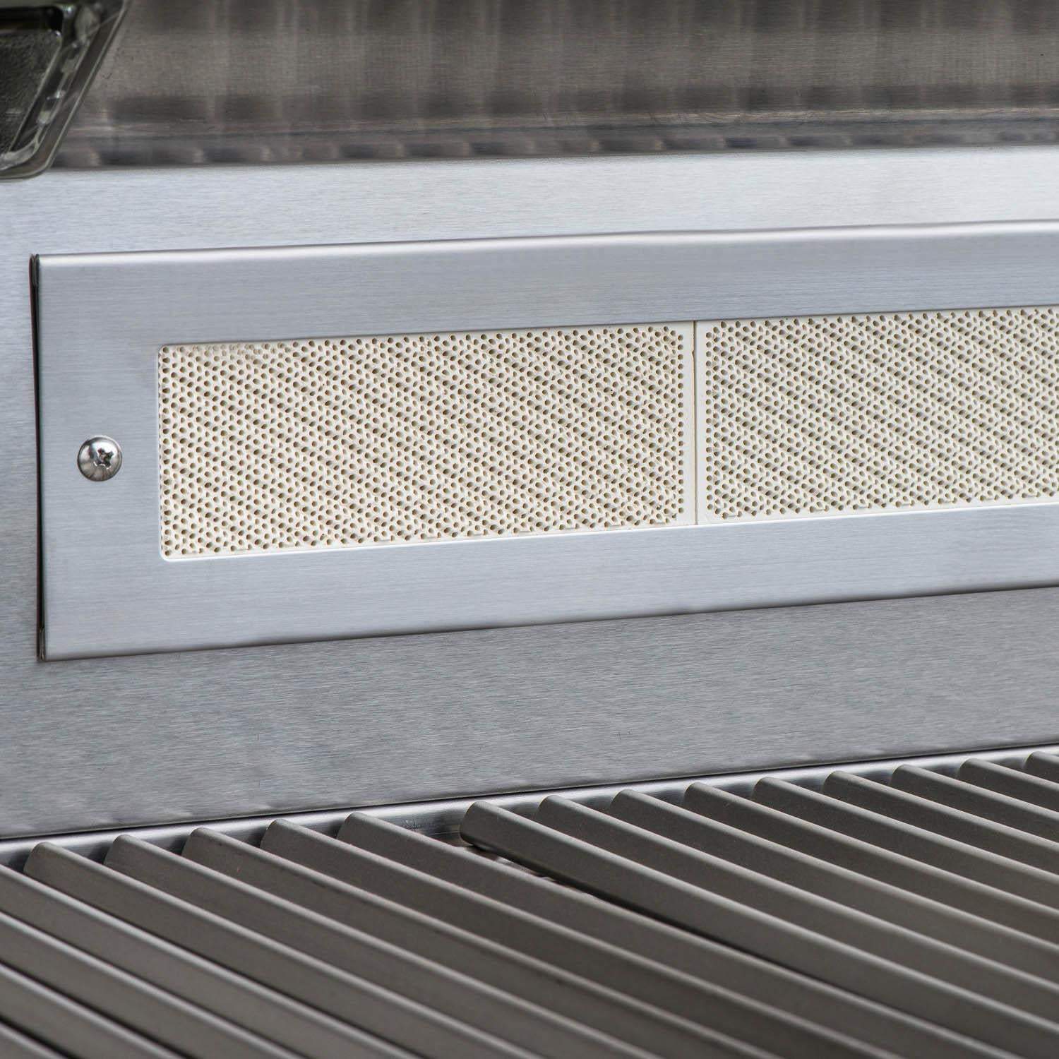 Stainless steel vent panel above grill grates with perforated cover