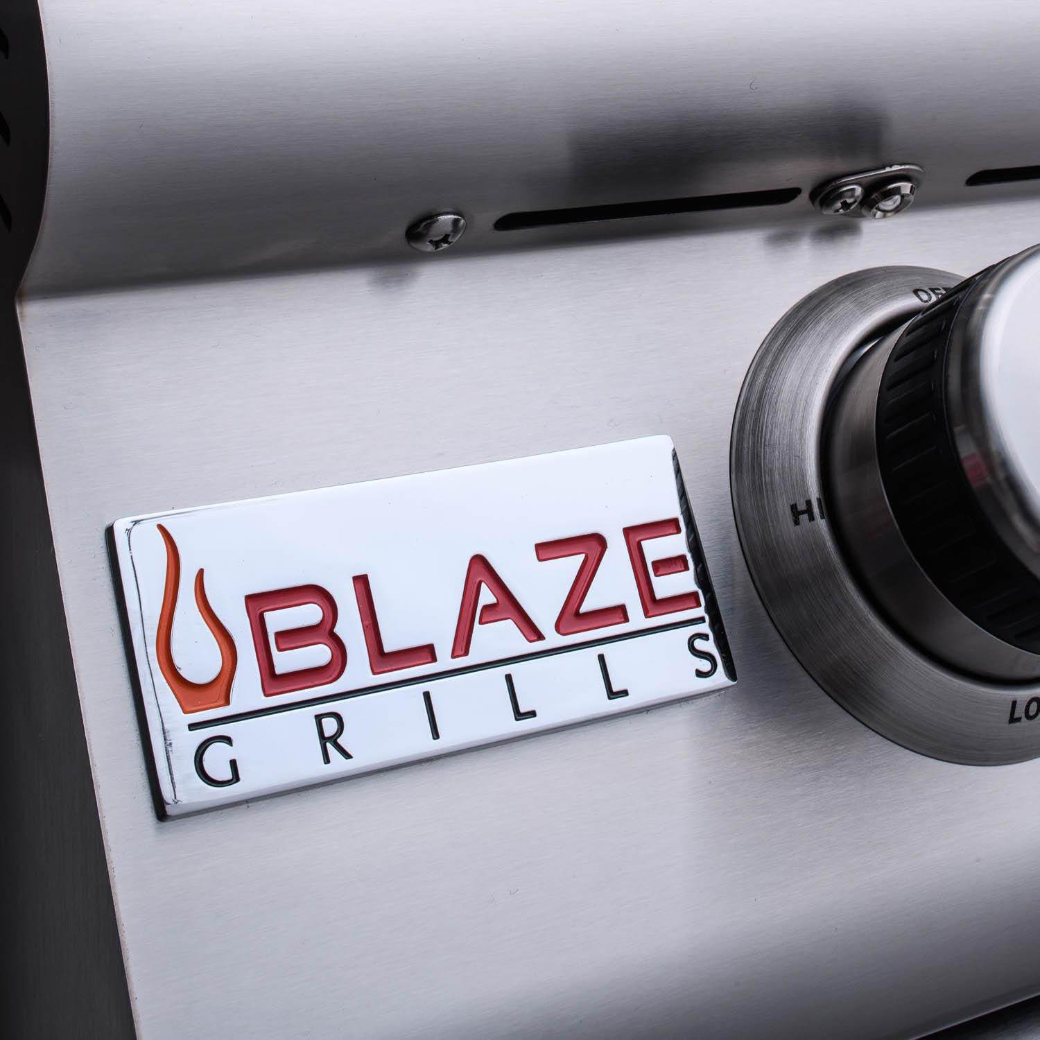 Stainless grill front panel with Blaze Grills logo and control area