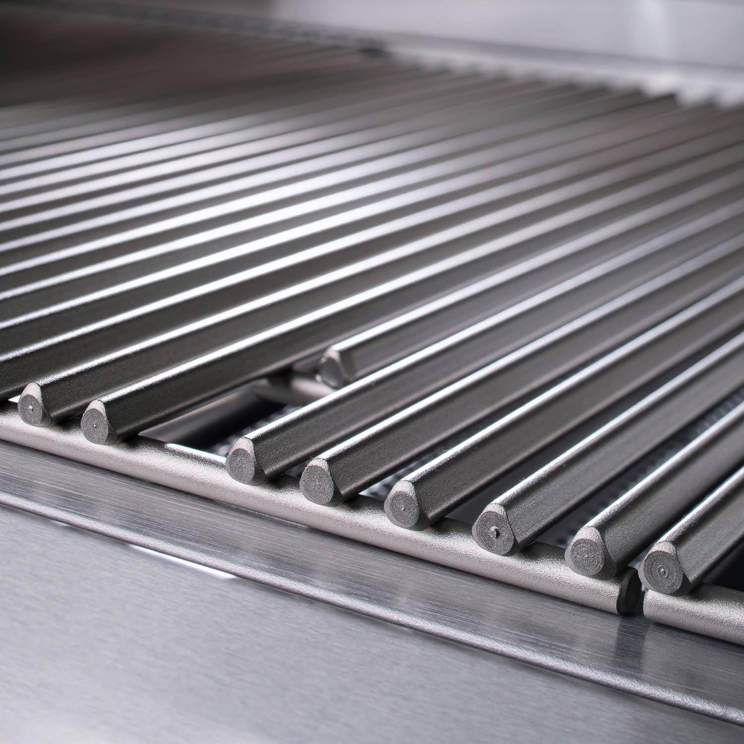 Stainless cooking grates with thick round bars inside an open grill