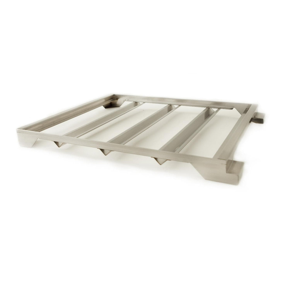 Stainless steel tray rack with parallel bars and corner feet
