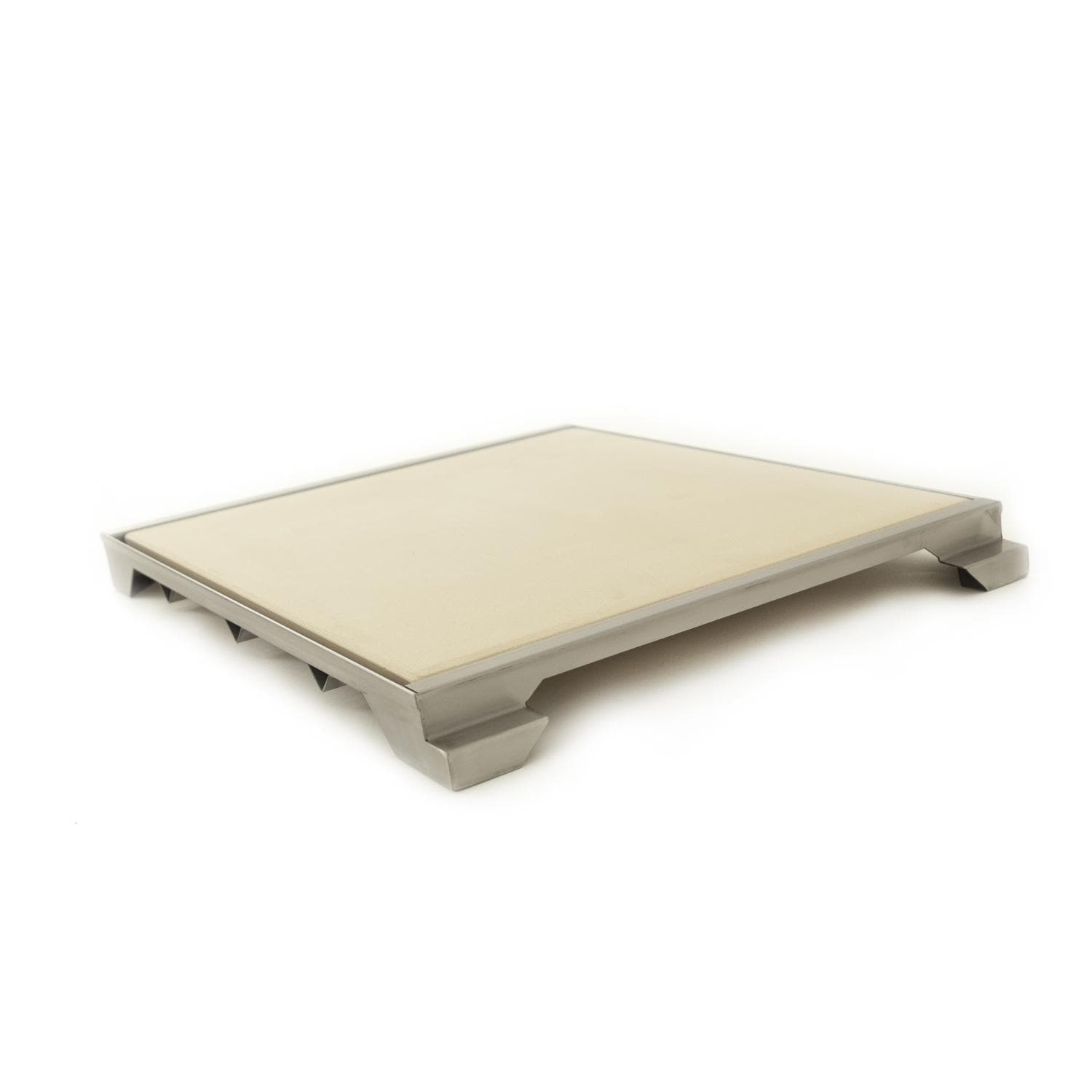 Rectangular ceramic pizza stone on stainless steel tray feet