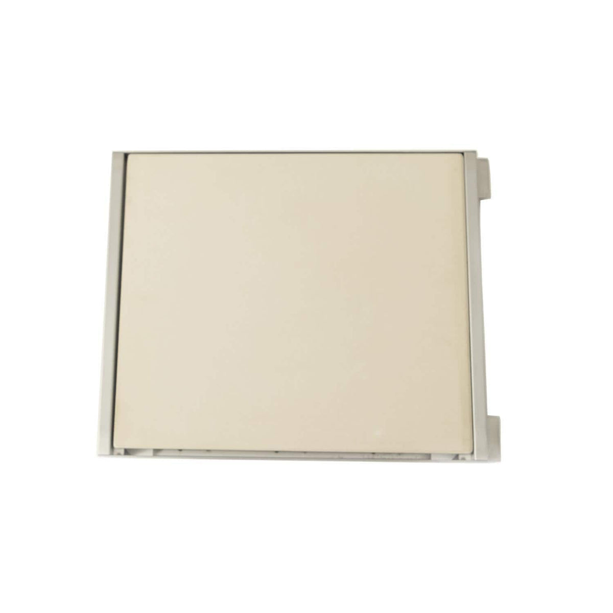 Light tan rectangular ceramic pizza stone with stainless steel frame