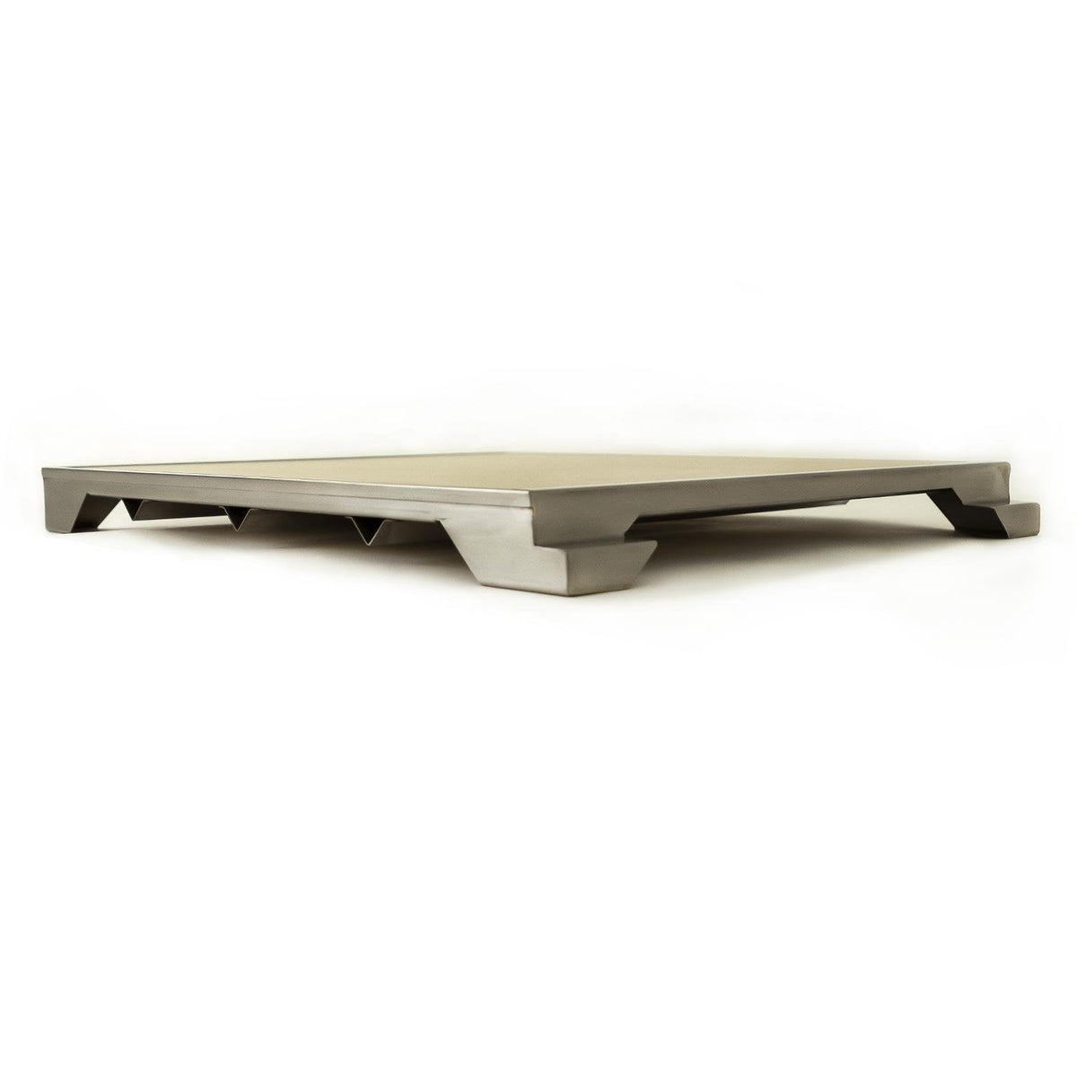 Ceramic pizza stone with stainless steel tray underside and corner supports