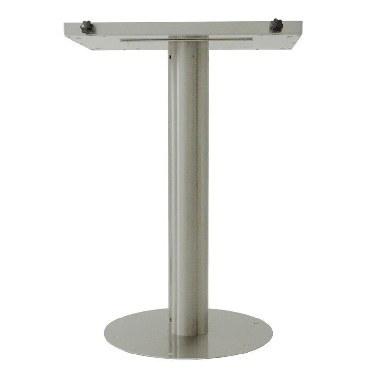Tall stainless steel grill pedestal stand with round base and upper mounting shelf