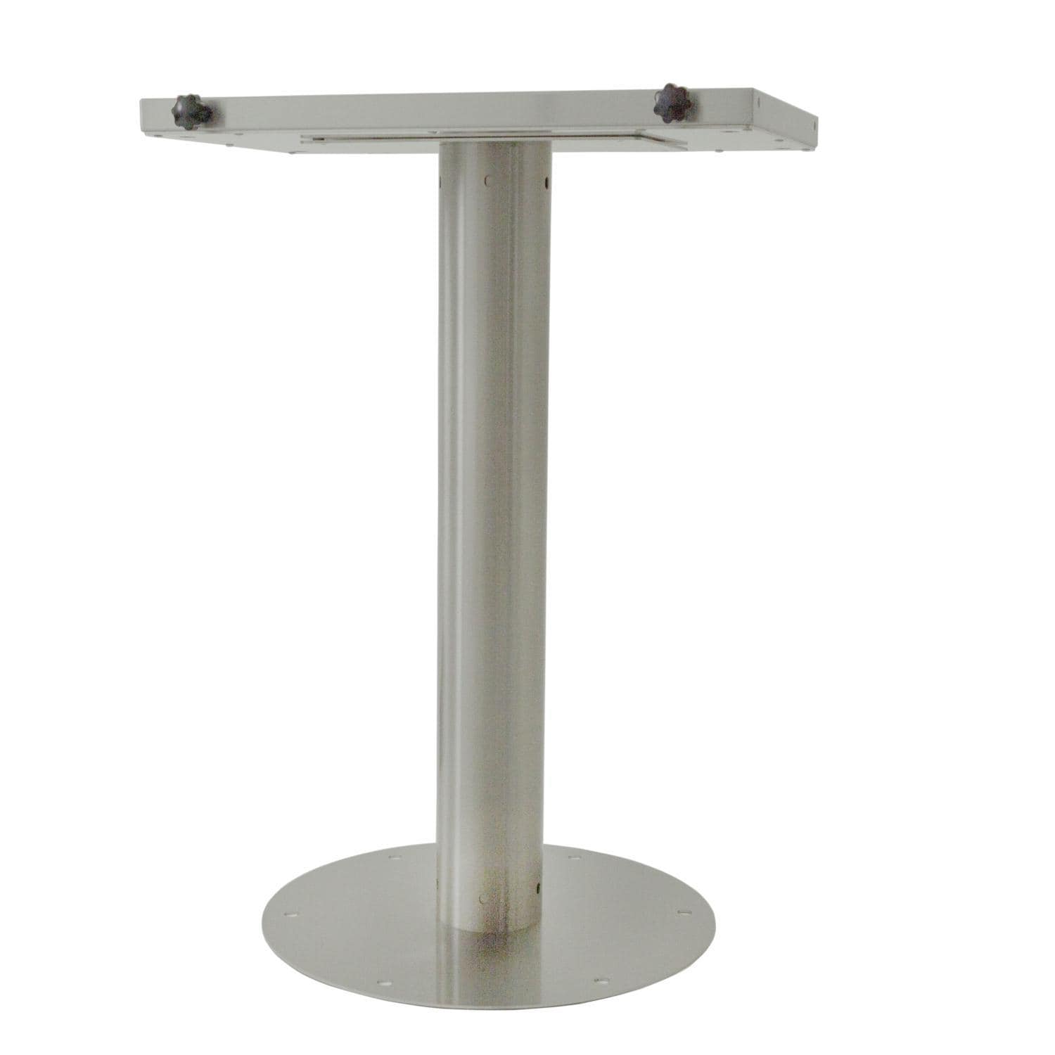 Round stainless steel grill pedestal with tall column and top mounting plate