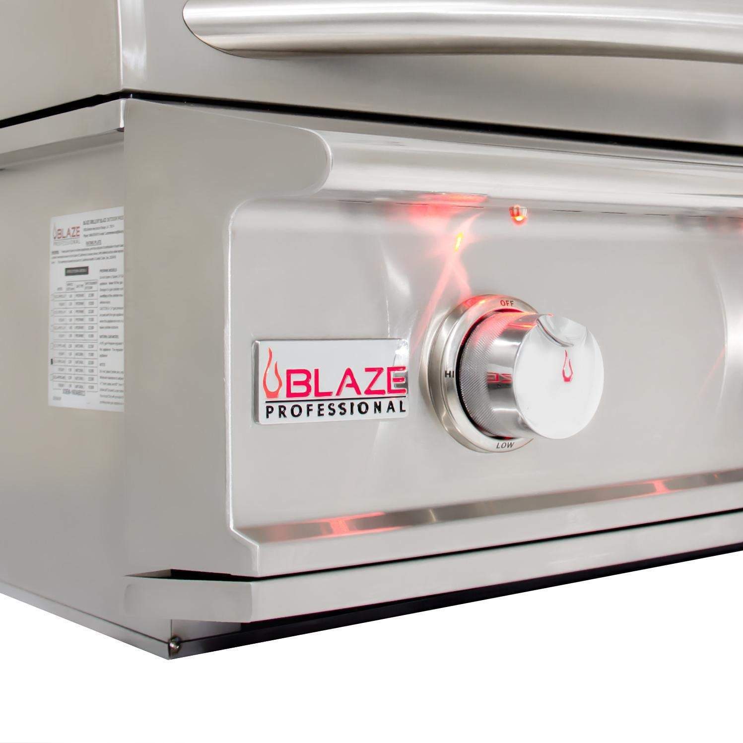 Stainless steel side burner panel with Blaze Professional control knob and flame indicator