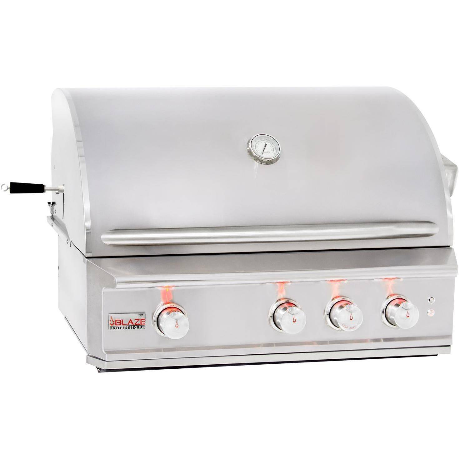 Stainless steel built-in liquid propane grill with side burner and four control knobs