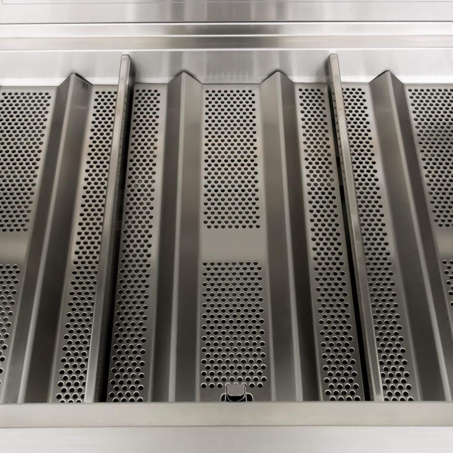 Stainless steel grill burner insert with perforated heat shield panels