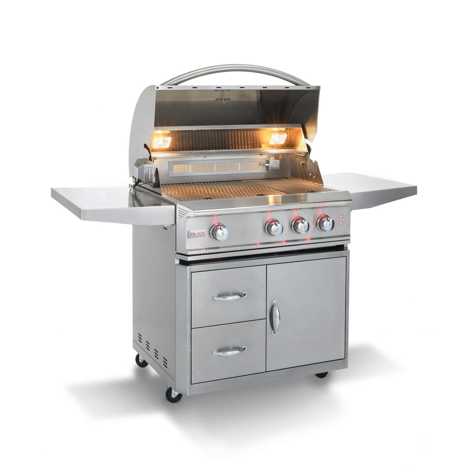 Stainless steel Blaze Professional 3-burner gas grill with open hood and control knobs